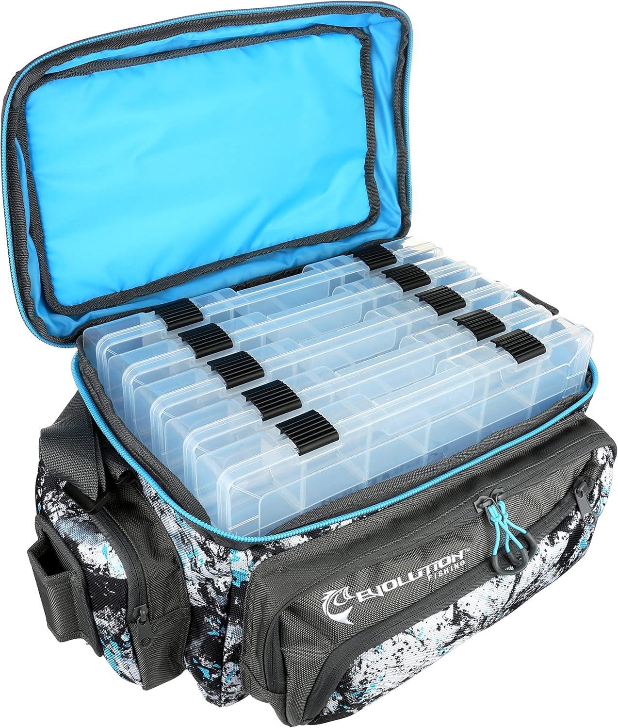 Evolution Fishing tackle bag with open lid showing multiple clear plastic organizer boxes