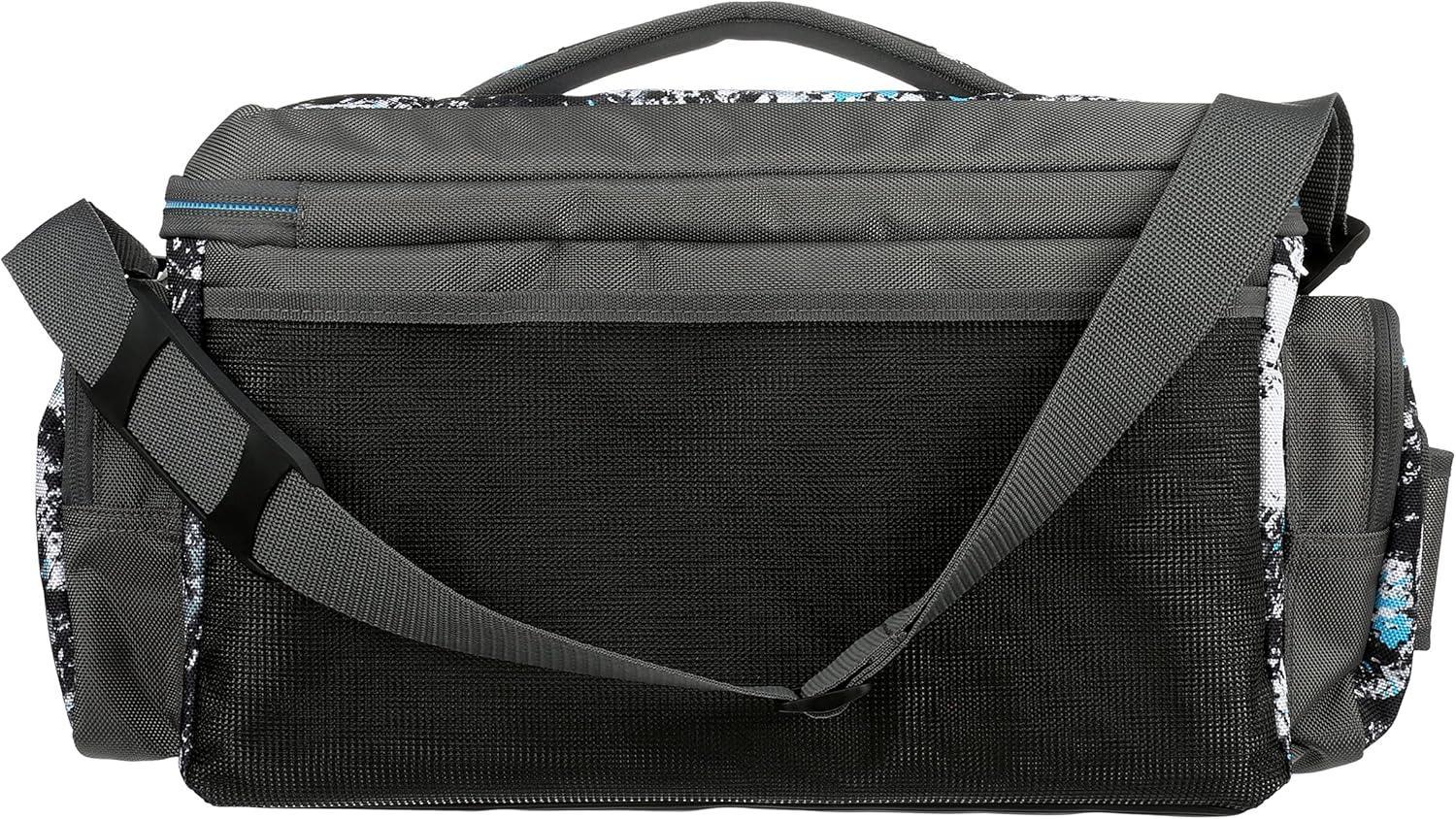 Gray and black messenger shoulder bag with mesh pocket and adjustable strap