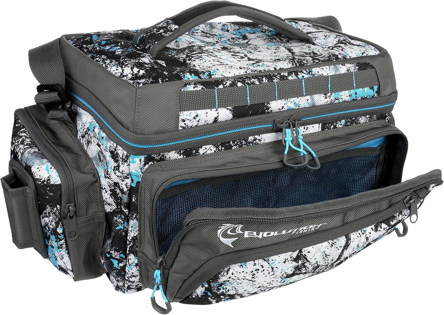 Gray and blue camouflage fishing tackle bag with multiple zippered compartments and handle