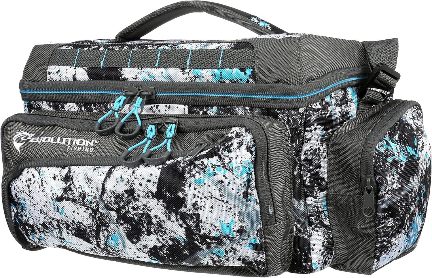 Evolution Fishing tackle bag with camo pattern, multiple zippered pockets, and carrying handle