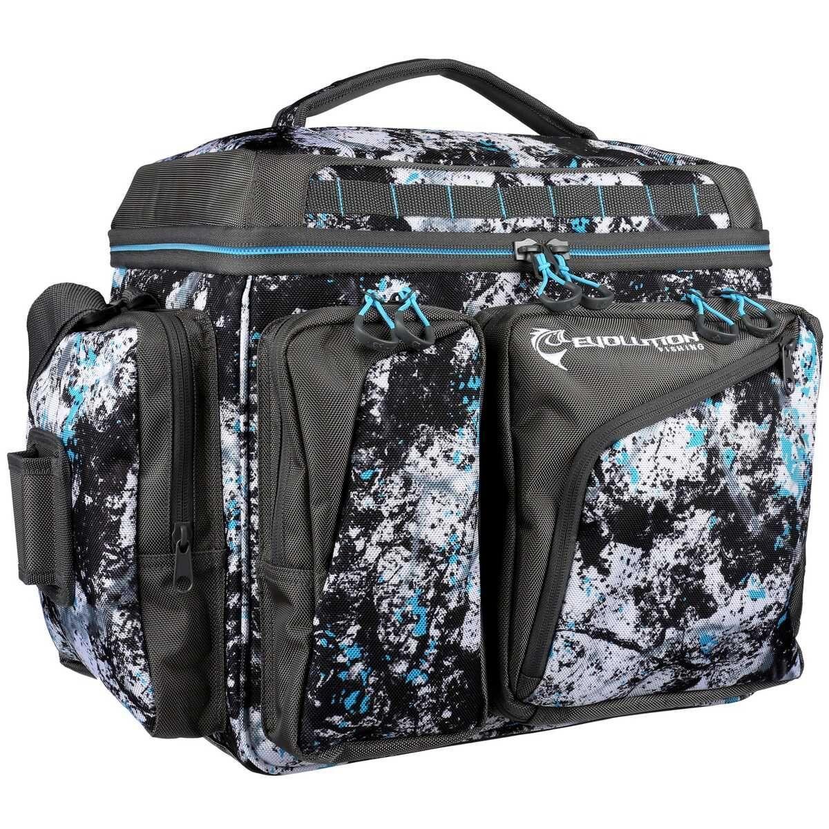 Evolution Fishing tackle bag with black, white, and blue camo pattern and multiple pockets