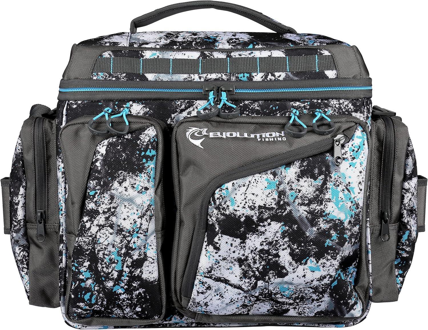 Evolution Fishing tackle backpack with black, white, and blue camo pattern and multiple zippered pockets