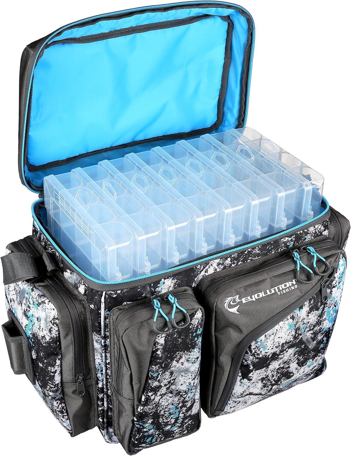Evolution Fishing tackle bag with open lid, blue interior, and clear plastic storage boxes