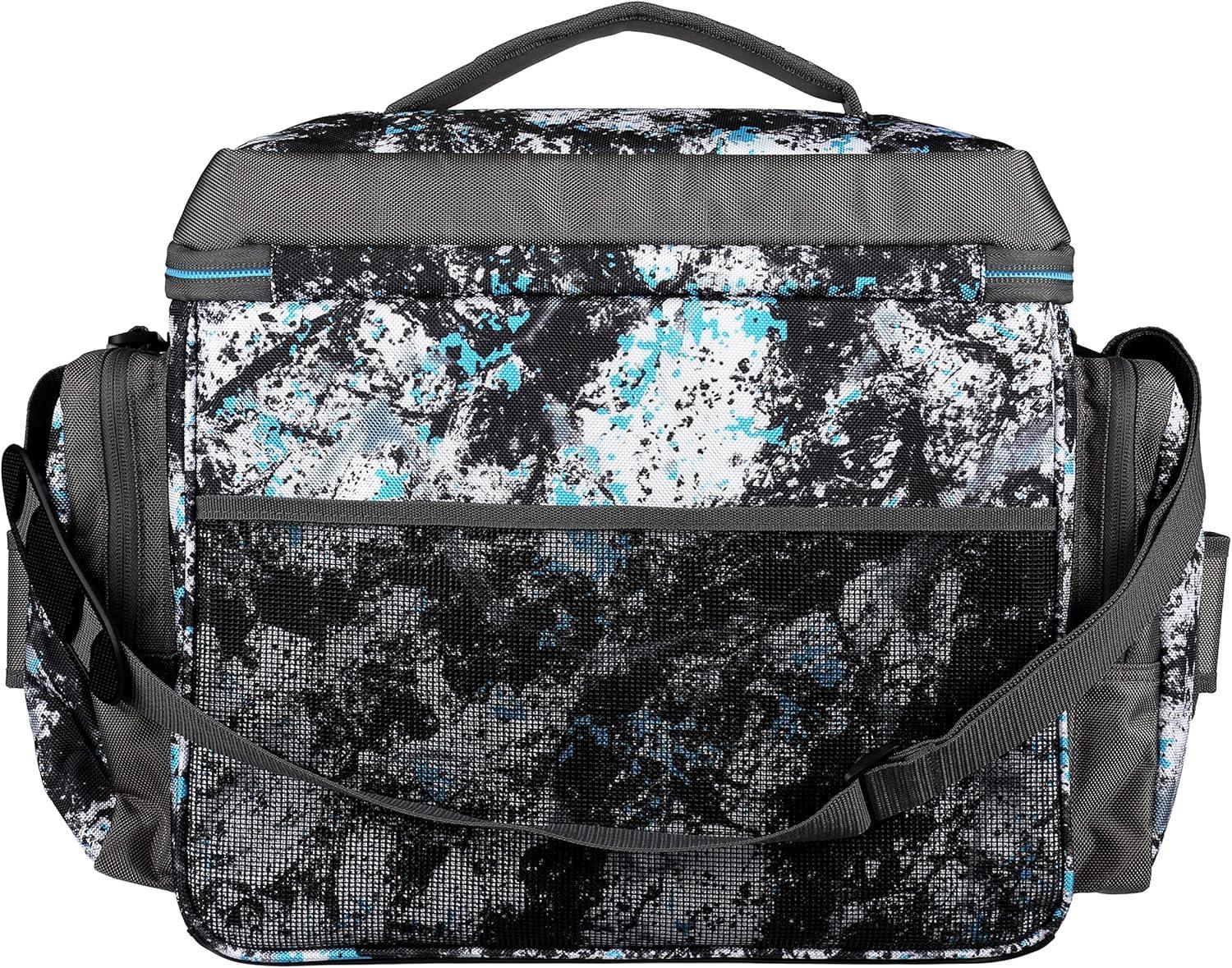 Insulated cooler bag with abstract black, white, and blue pattern, shoulder strap and pockets