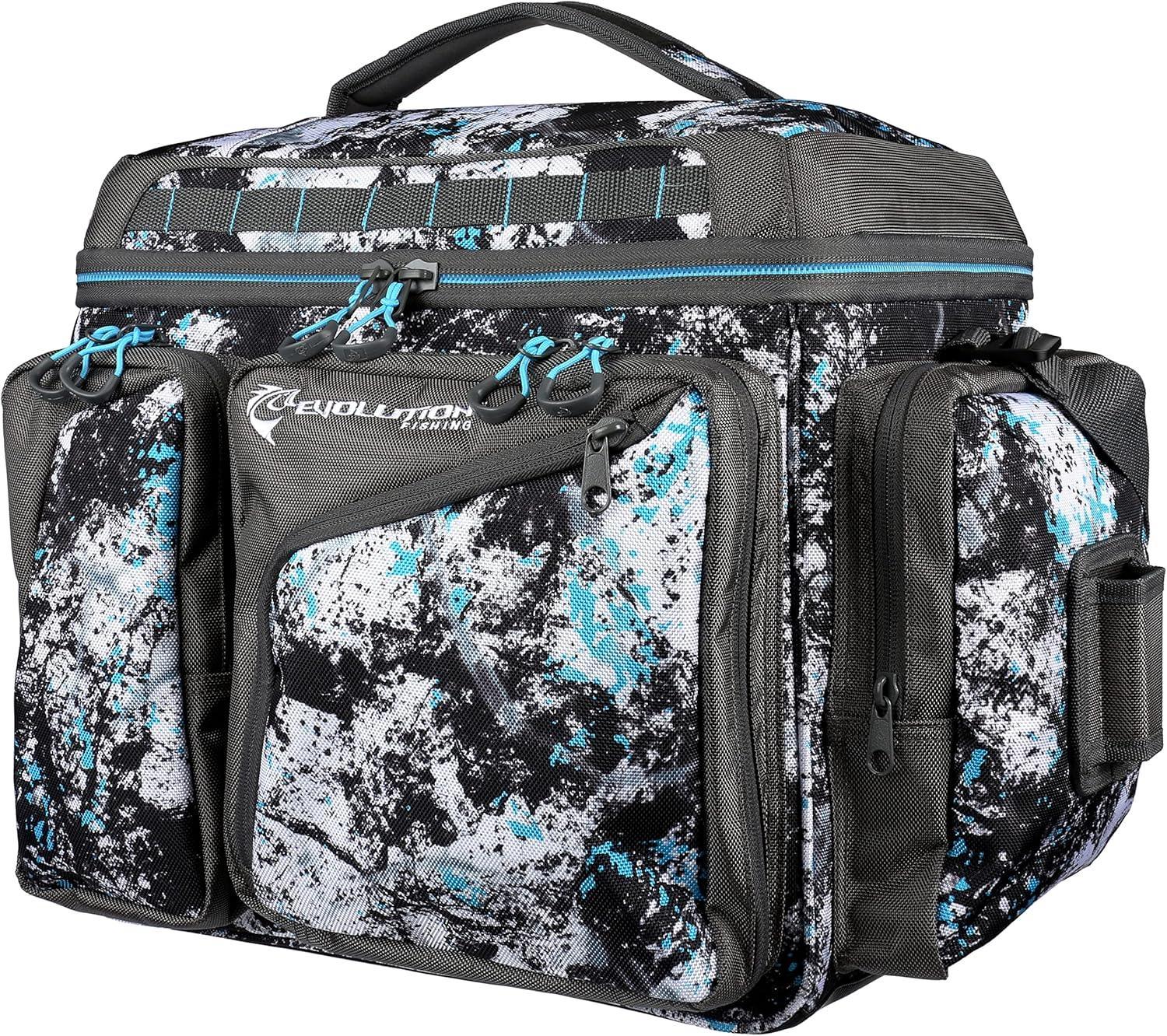 Evolution Fishing tackle backpack with black, white, and blue camo pattern, multiple zippered pockets
