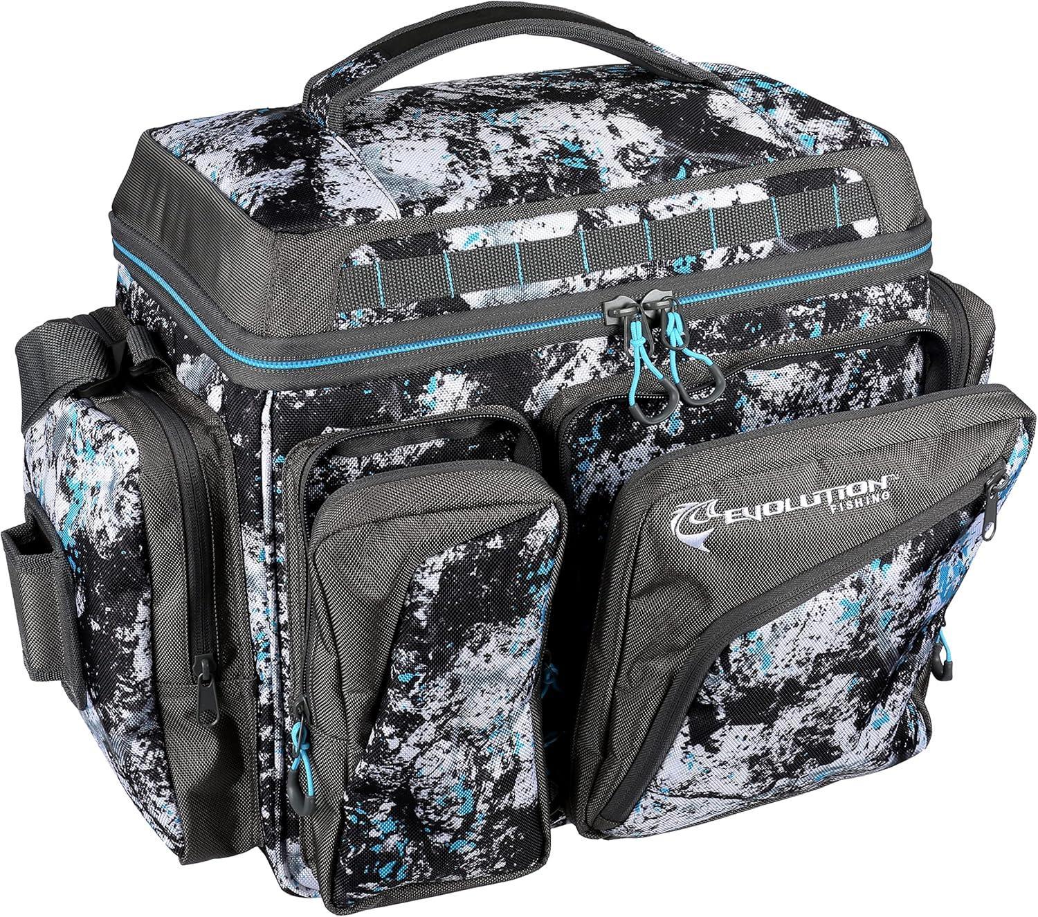 Evolution Fishing tackle backpack with multiple pockets, black and blue camo design