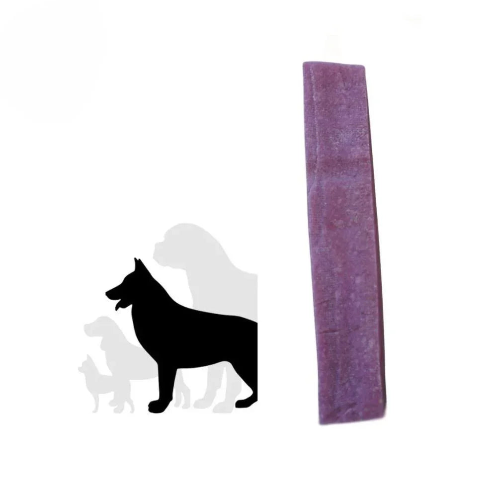 Extra large blueberry Himalayan yak dog chew with size guide silhouettes on white background