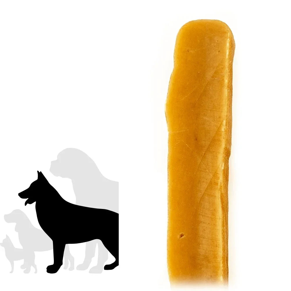 Extra large Himalayan yak dog chew next to dog size silhouettes on white background
