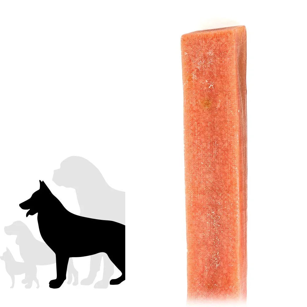 Extra large strawberry Himalayan yak dog chew stick with dog size silhouettes
