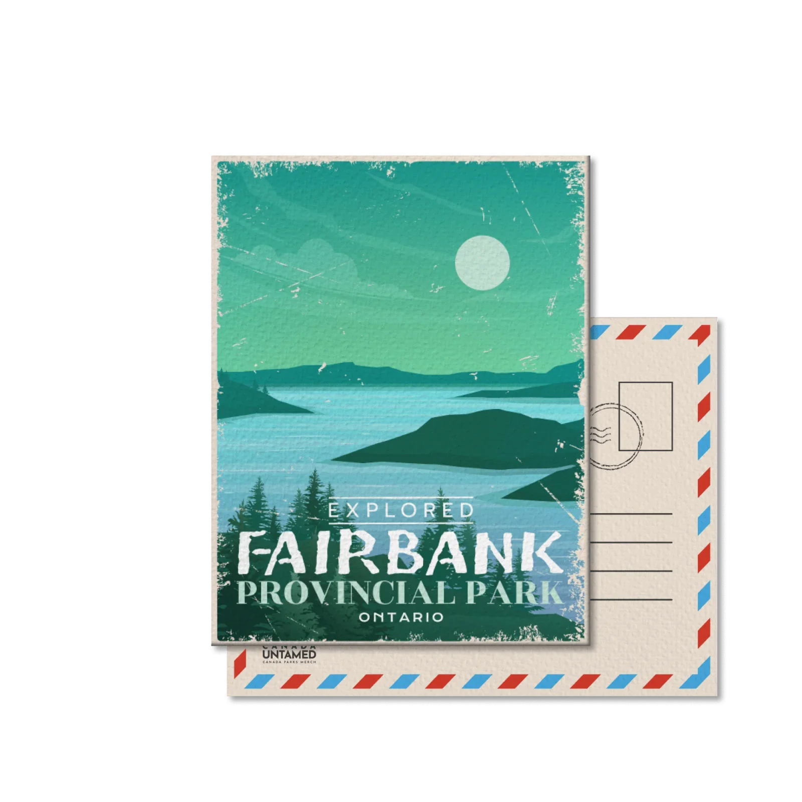 Fairbank Provincial Park Ontario postcard with lake, forest, and mountains in teal tones