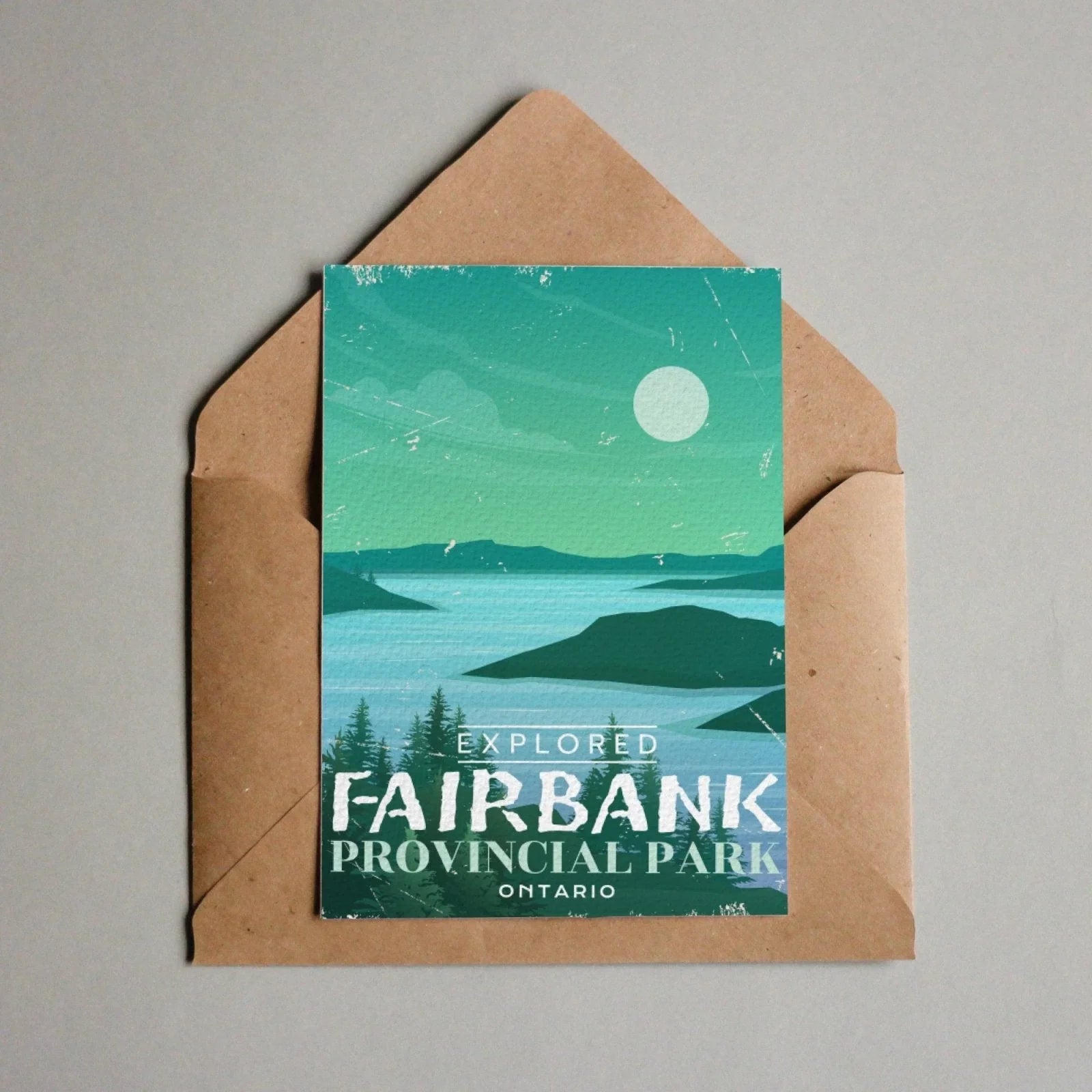Fairbank Provincial Park Ontario postcard with illustrated lake, trees, and mountains