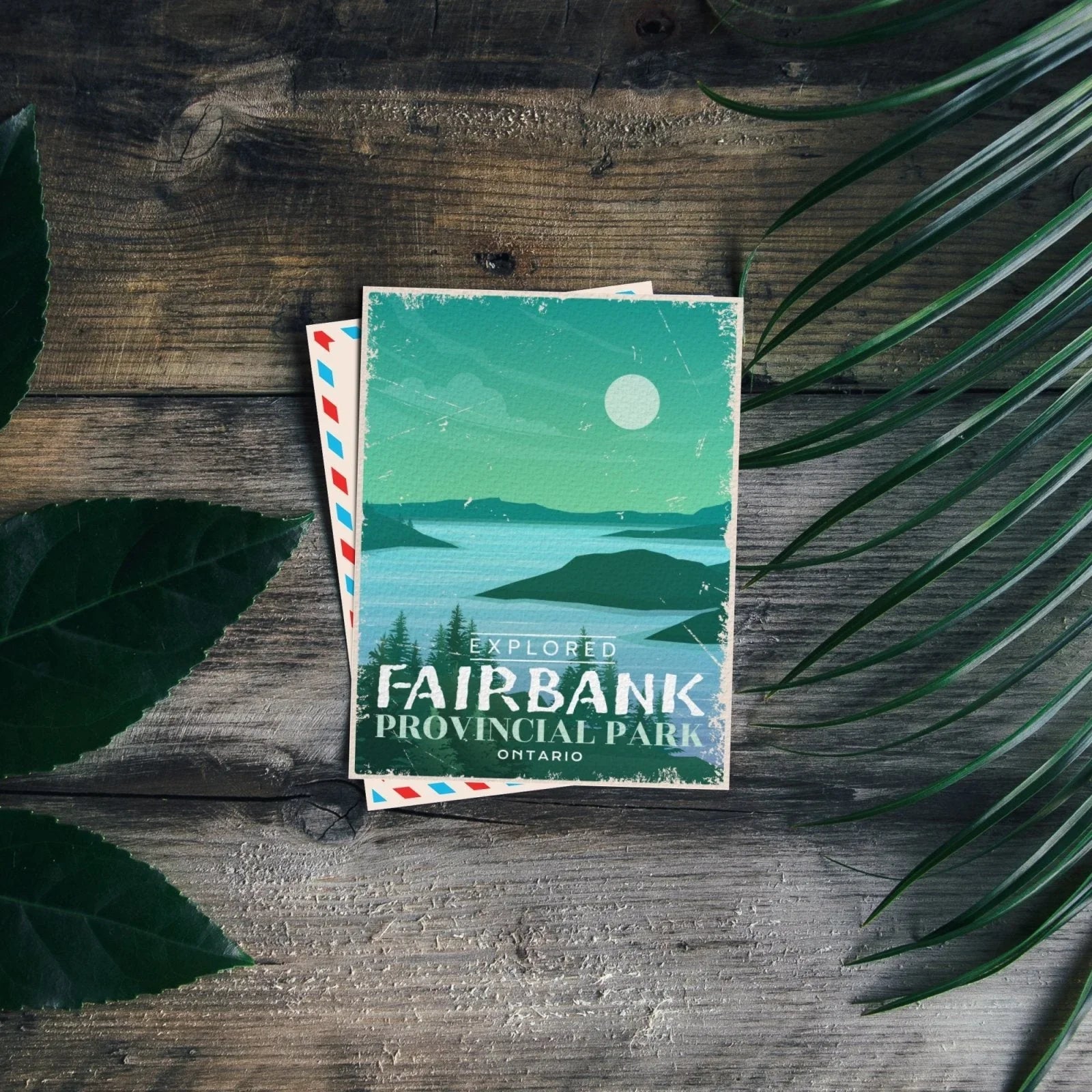 Fairbank Provincial Park Ontario postcard on rustic wood with green leaves and palm frond