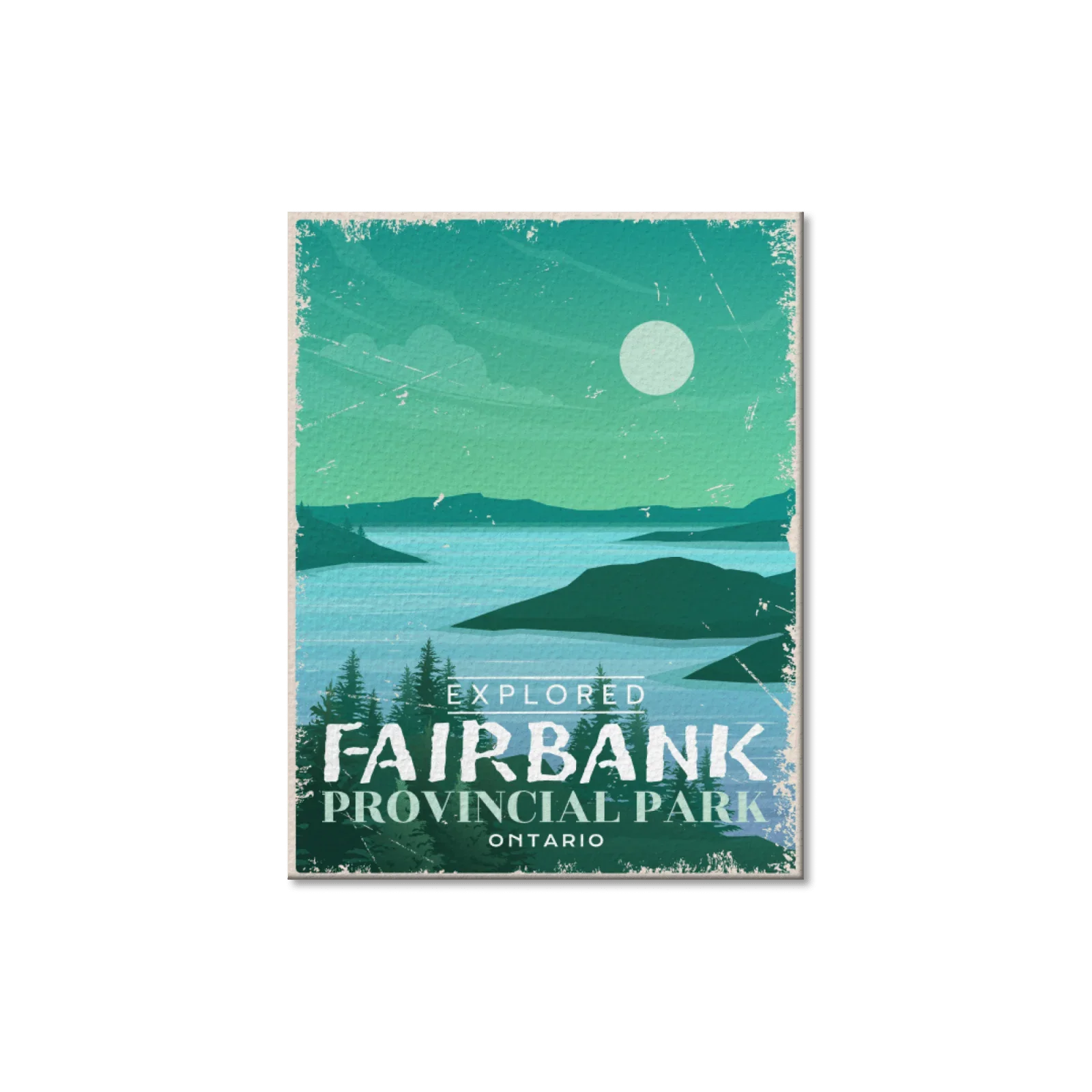 Vintage postcard with lake, trees, and hills for Fairbank Provincial Park Ontario