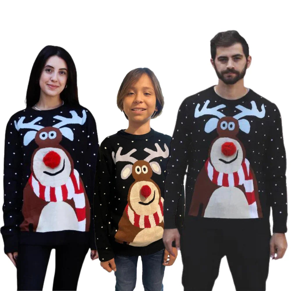 Family in matching black reindeer Christmas sweaters with red noses and white polka dots