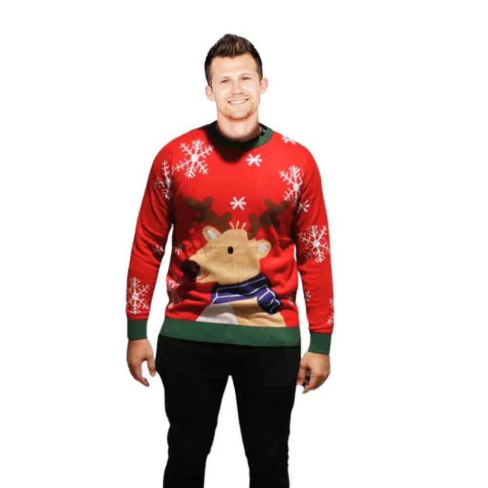 Man wearing red Christmas sweater with reindeer and snowflake pattern on white background.
