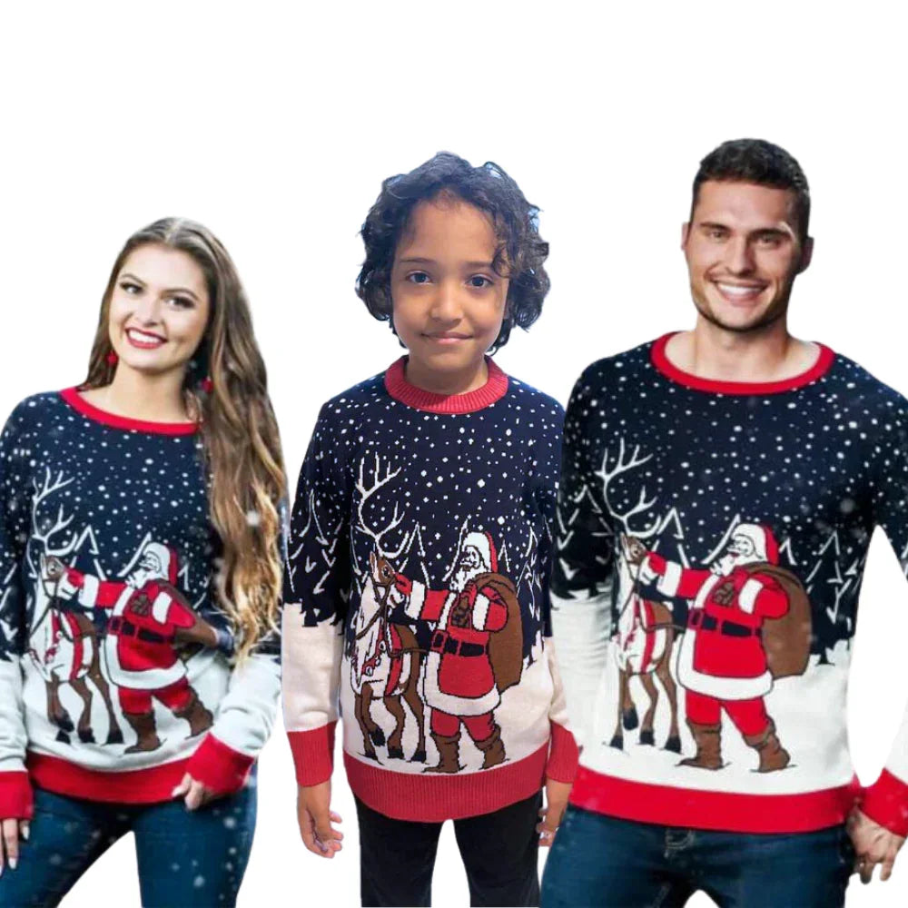 Family wearing matching Christmas sweaters with Santa Claus and reindeer design