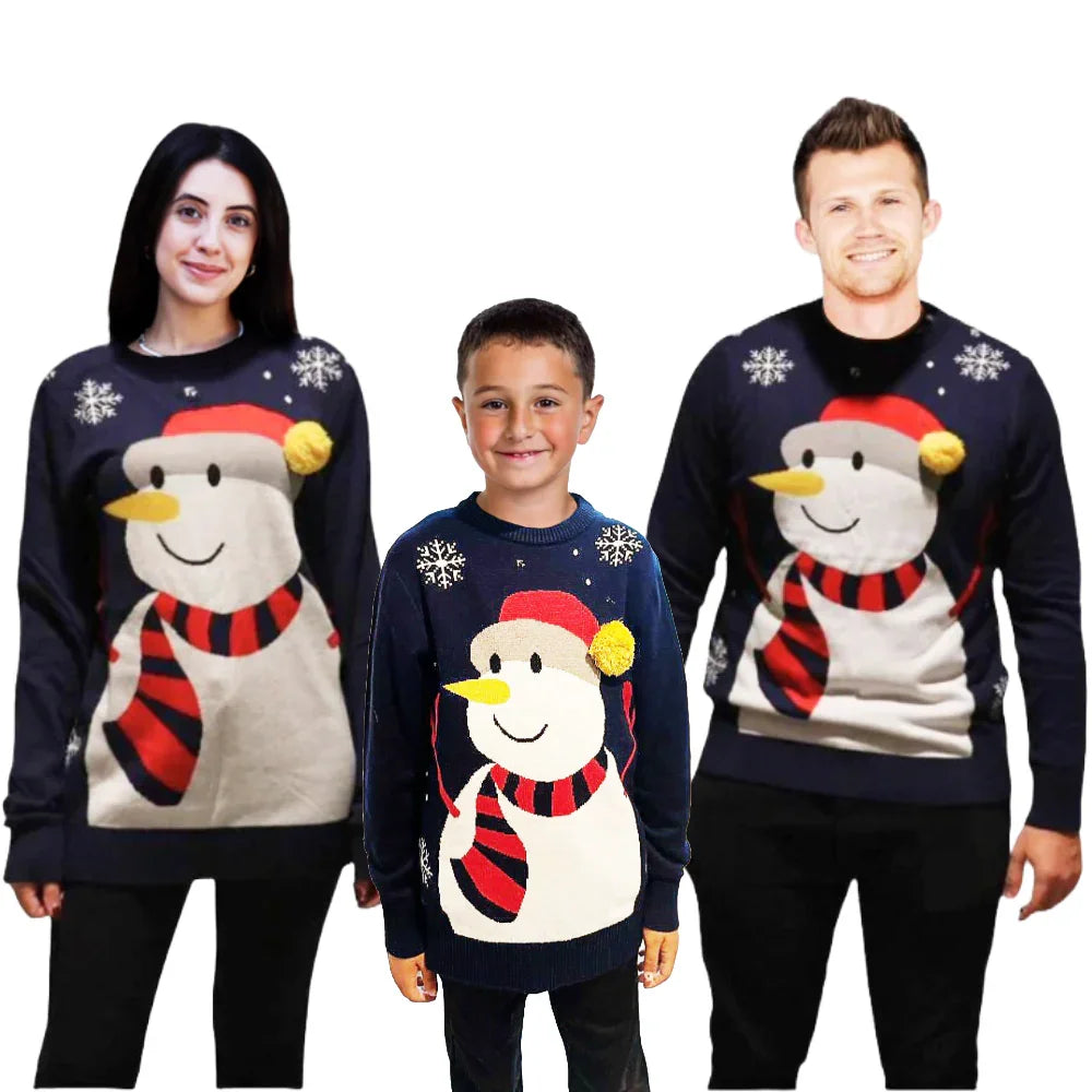 Family wearing matching Christmas snowman sweaters with red and white scarf design