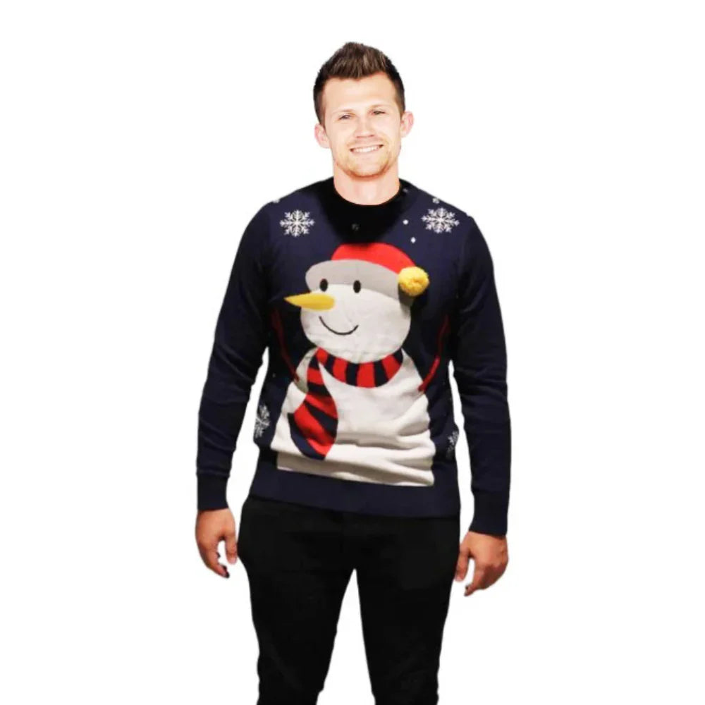 Man wearing a navy Christmas sweater with snowman design and snowflakes on white background