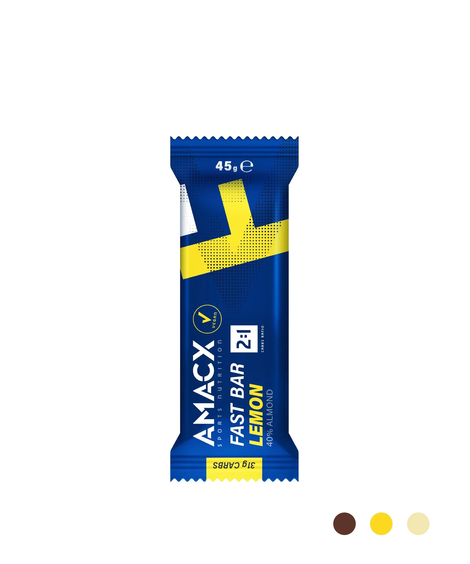 AMACX Fast Bar Lemon almond energy bar in blue and yellow packaging on white background