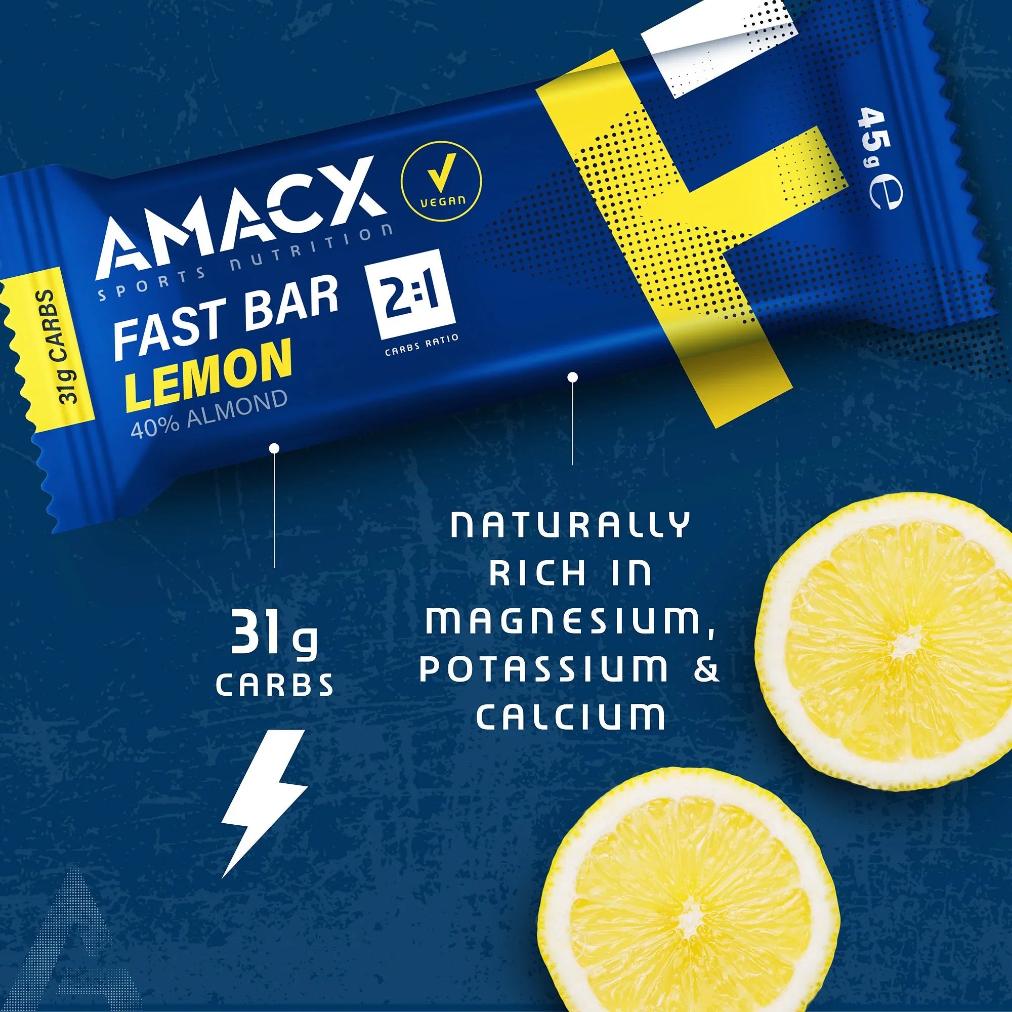 AMACX Fast Bar Lemon vegan sports nutrition bar on blue background with lemon slices