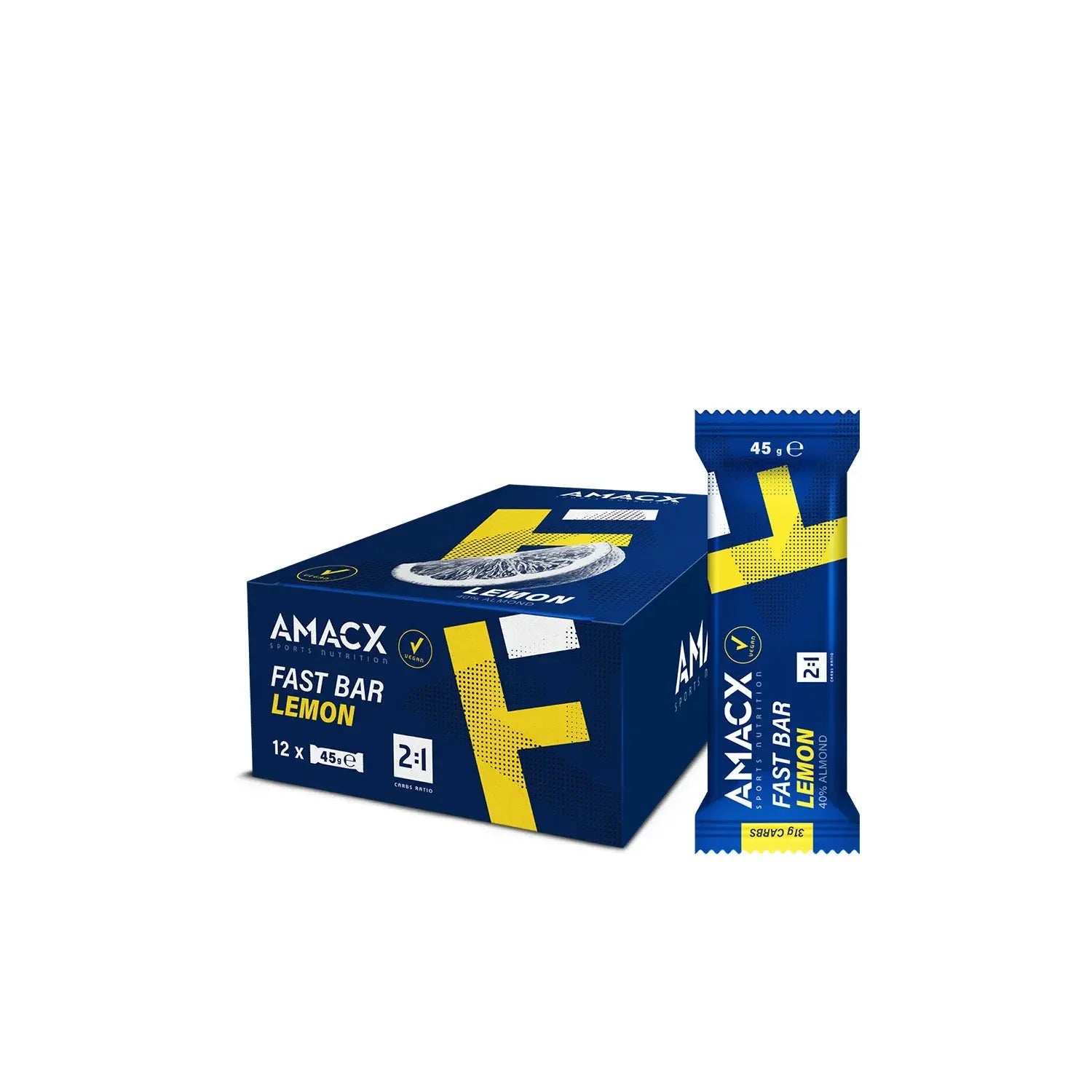 AMACX Fast Bar Lemon sports nutrition bar box and single bar, blue and yellow packaging