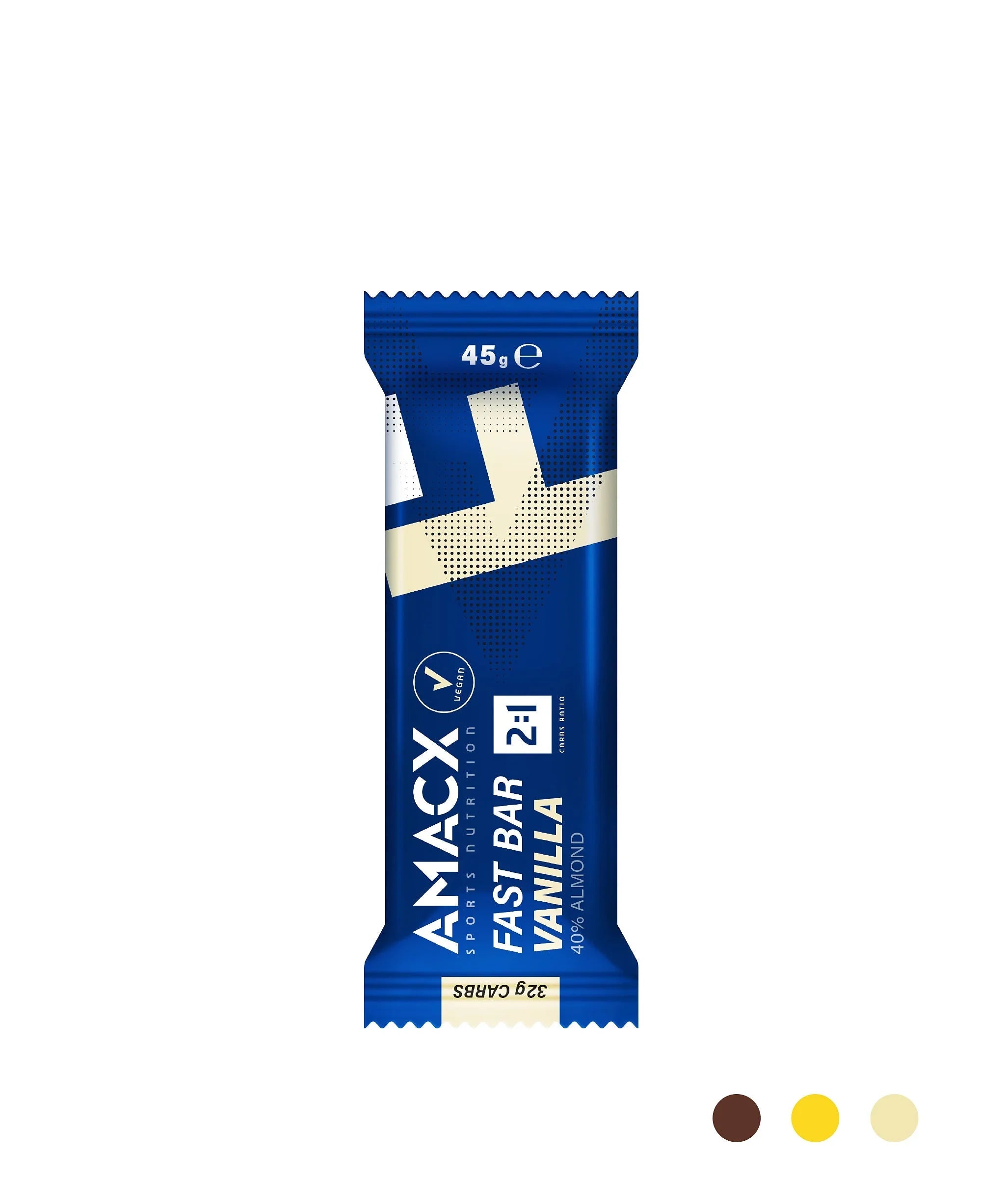 AMACX Fast Bar Vanilla protein bar 45g in blue packaging with nutrition details visible.