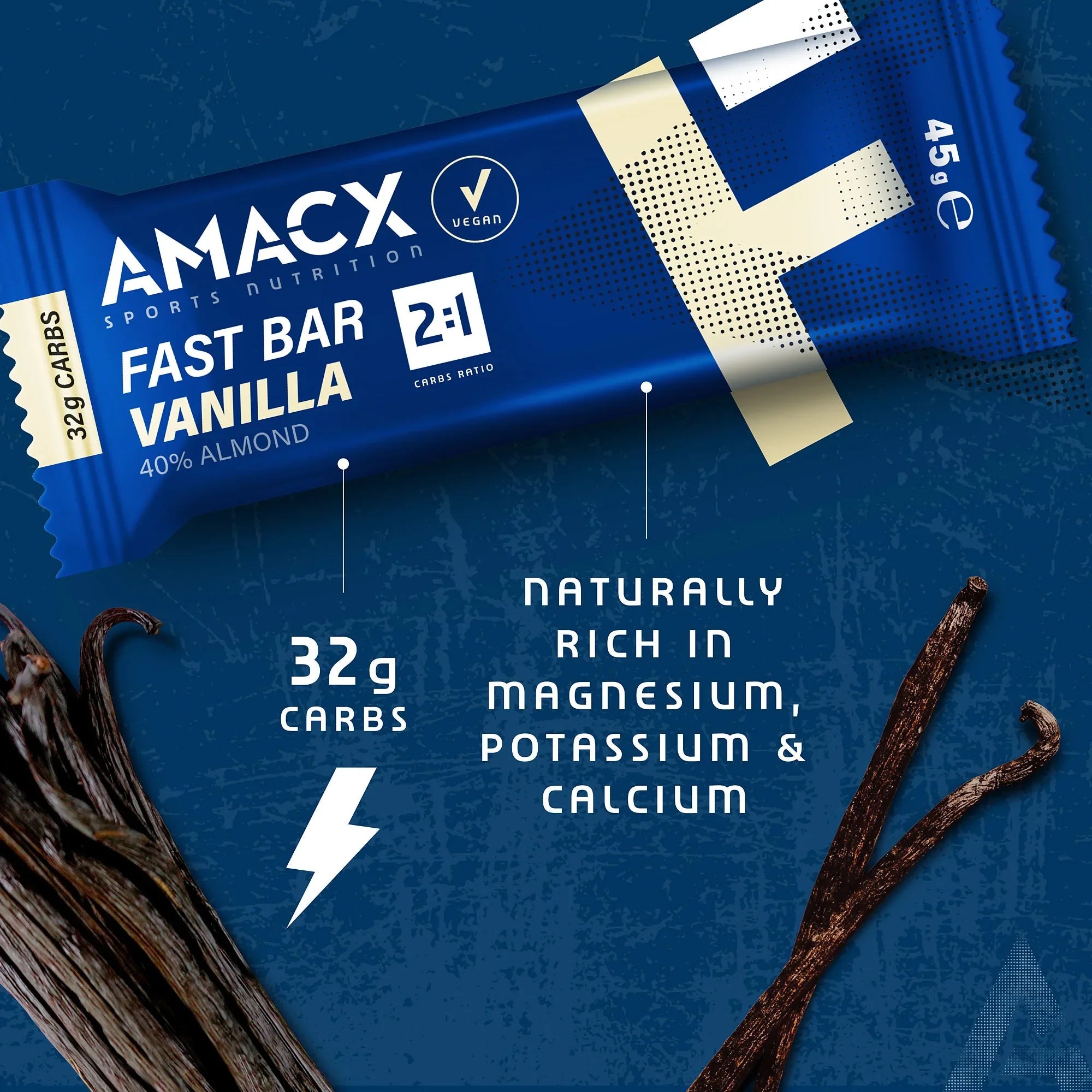 AMACX Fast Bar Vanilla vegan sports nutrition bar with vanilla pods, 32g carbs, 45g size