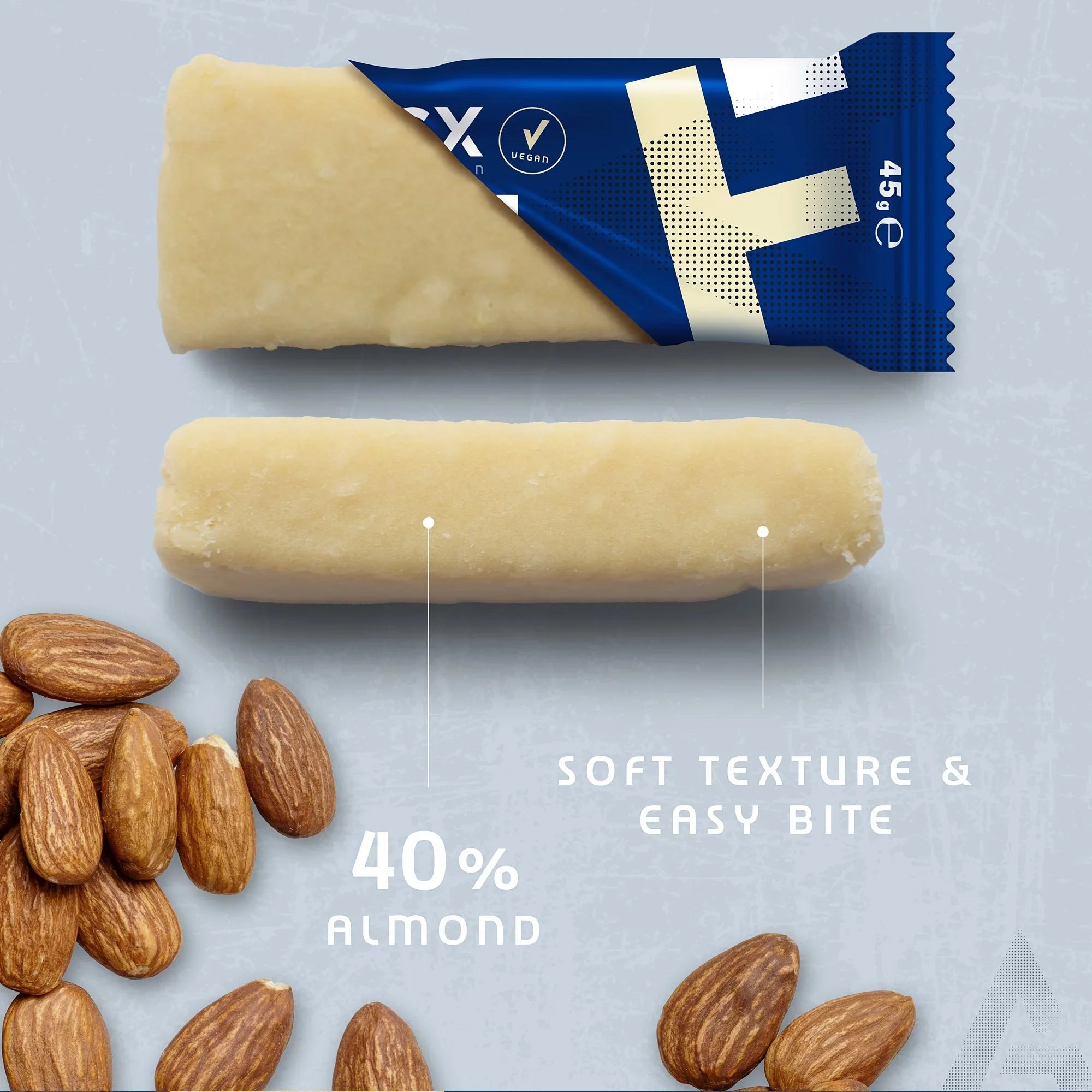 Vegan vanilla almond protein bar with 40% almonds, soft texture, easy bite, and nuts