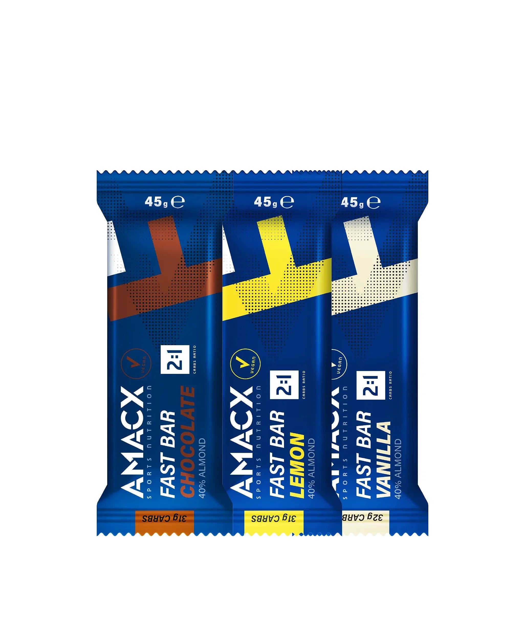 Amacx Fast Bar chocolate, lemon, and vanilla protein bars with blue packaging