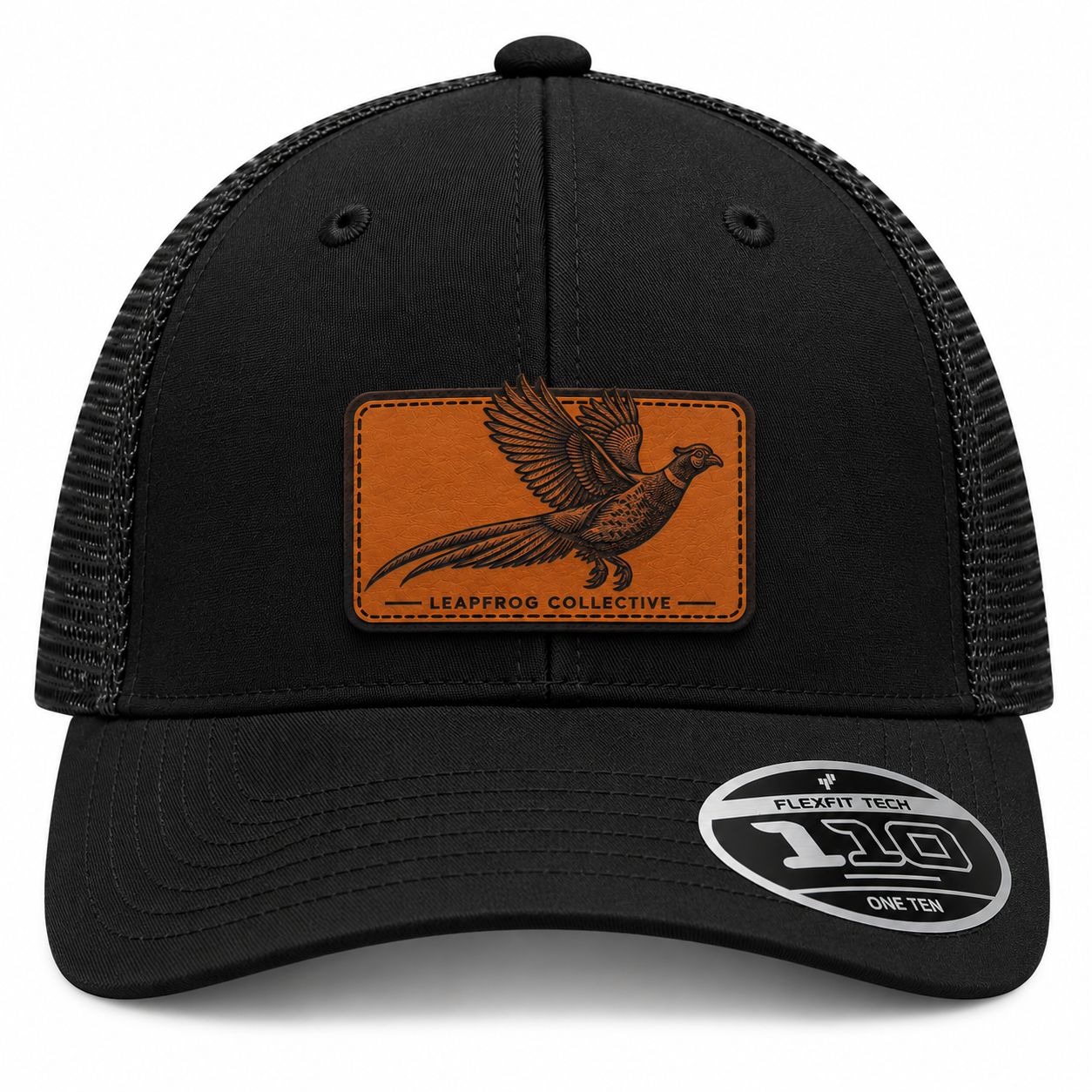 Leapfrog Collective Flying Pheasant leatherette patch trucker hat in black with Flexfit 110 mesh back