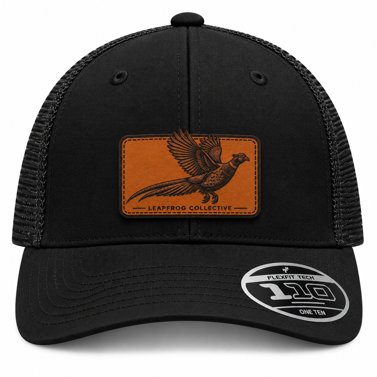 Leapfrog Collective Flying Pheasant leatherette patch trucker hat in black with Flexfit 110 mesh back