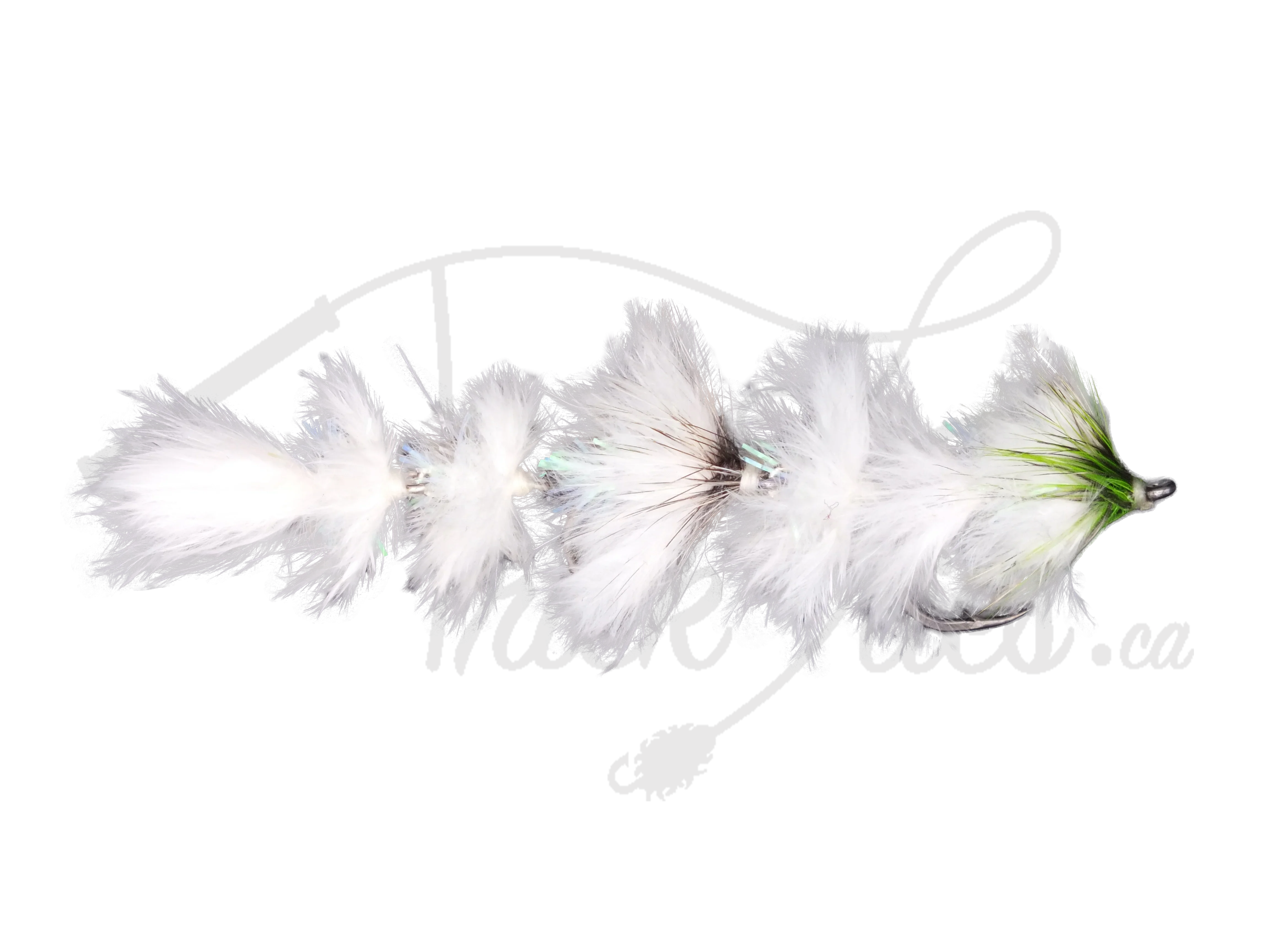 Chartreuse and white segmented feather fishing lure on black background