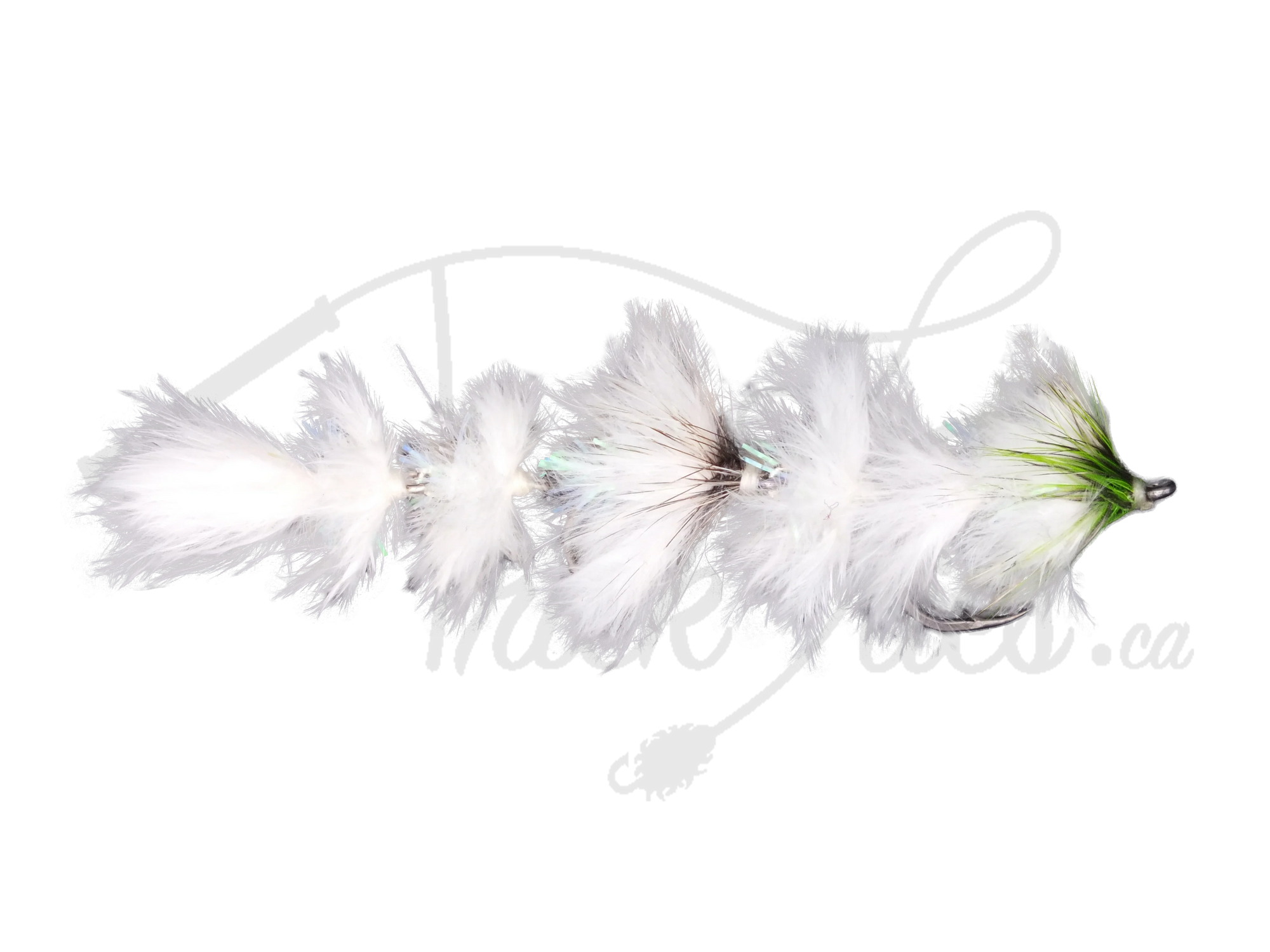 Chartreuse and white segmented feather fishing lure on black background