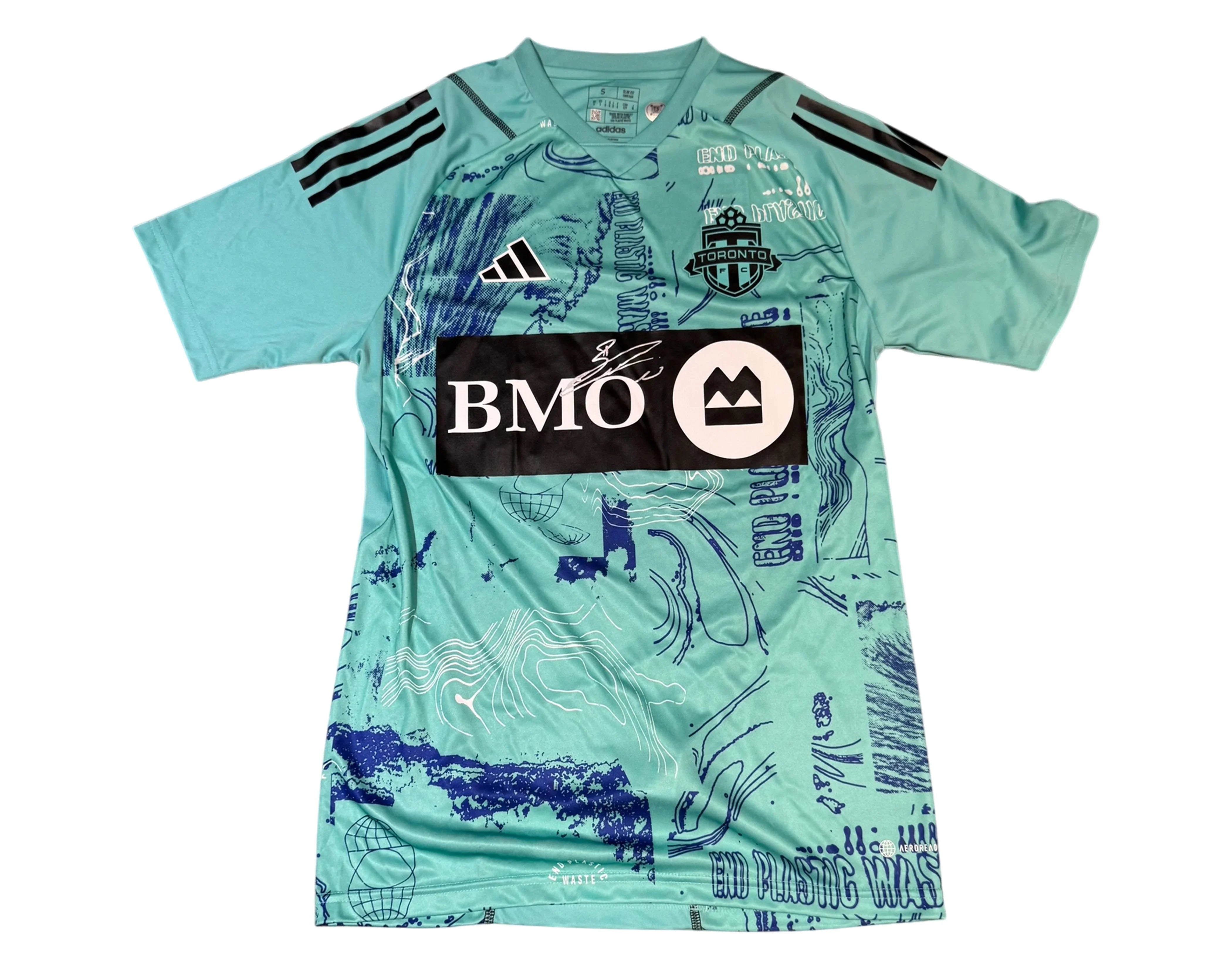 Toronto FC aqua soccer jersey with abstract blue graphics, BMO logo, and adidas branding