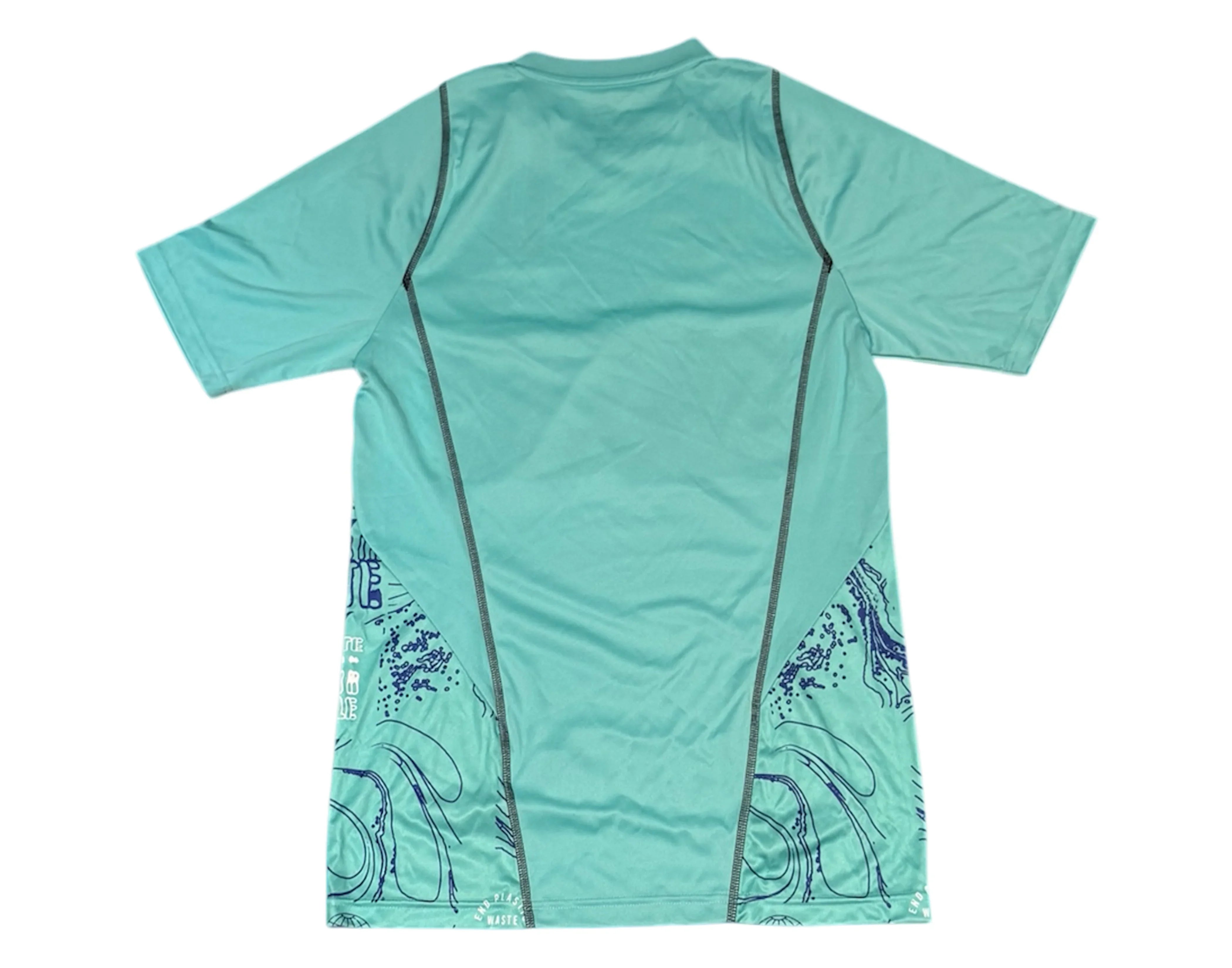 Aqua blue short sleeve athletic shirt with dark blue wave patterns on back and sides