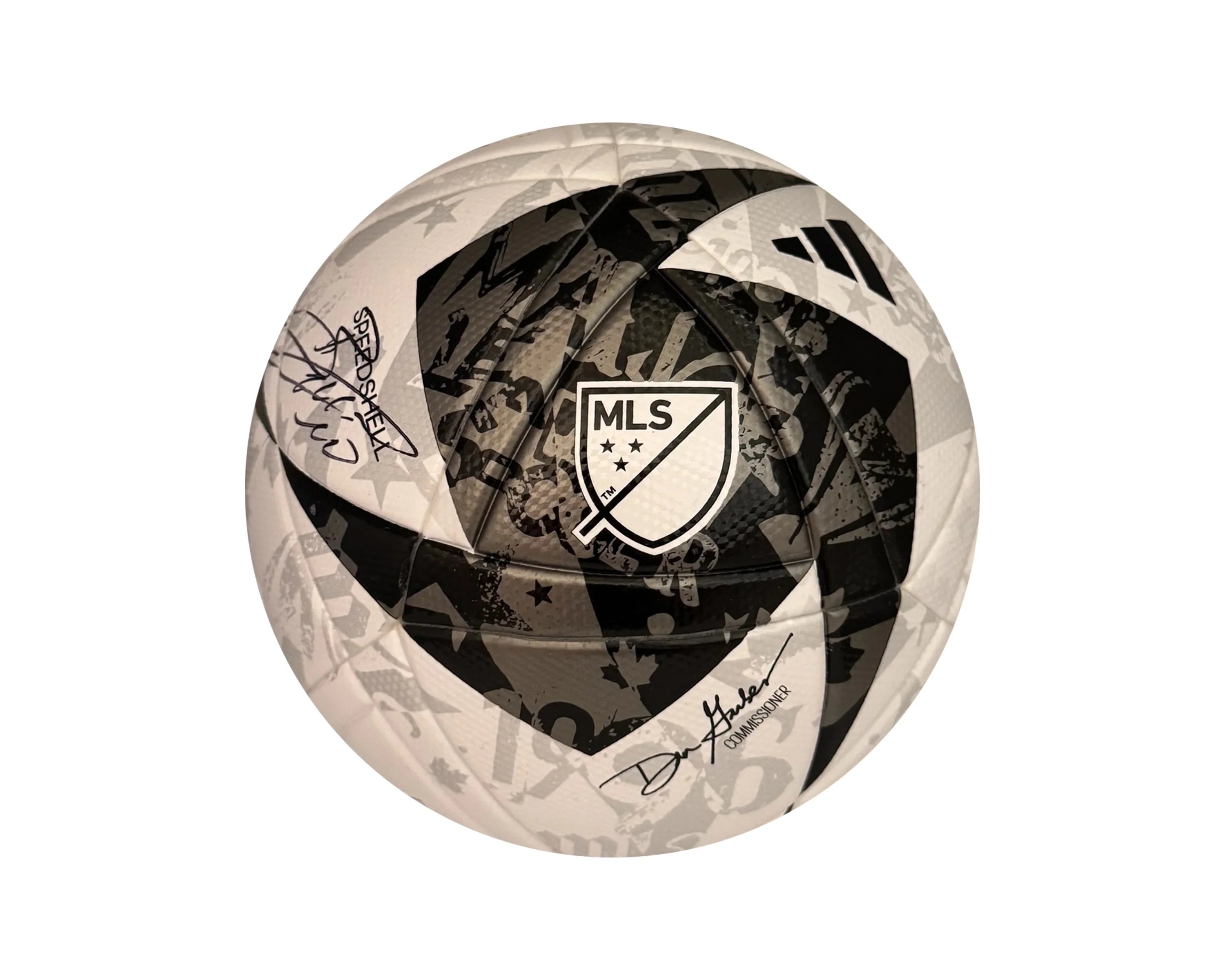 MLS soccer ball with black and white graphic pattern and visible signatures