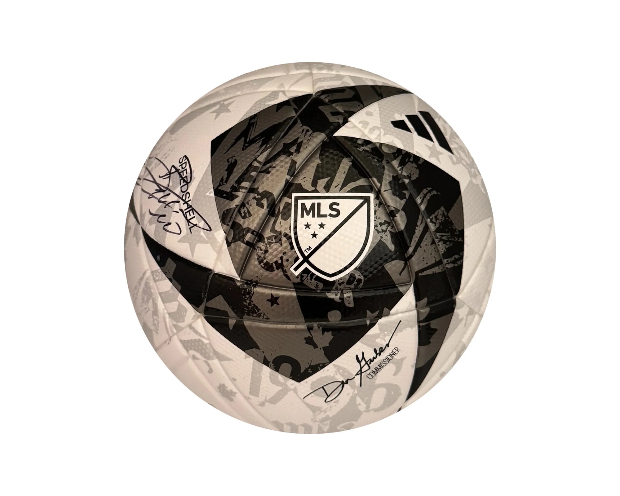 MLS soccer ball with black and white graphic pattern and visible signatures