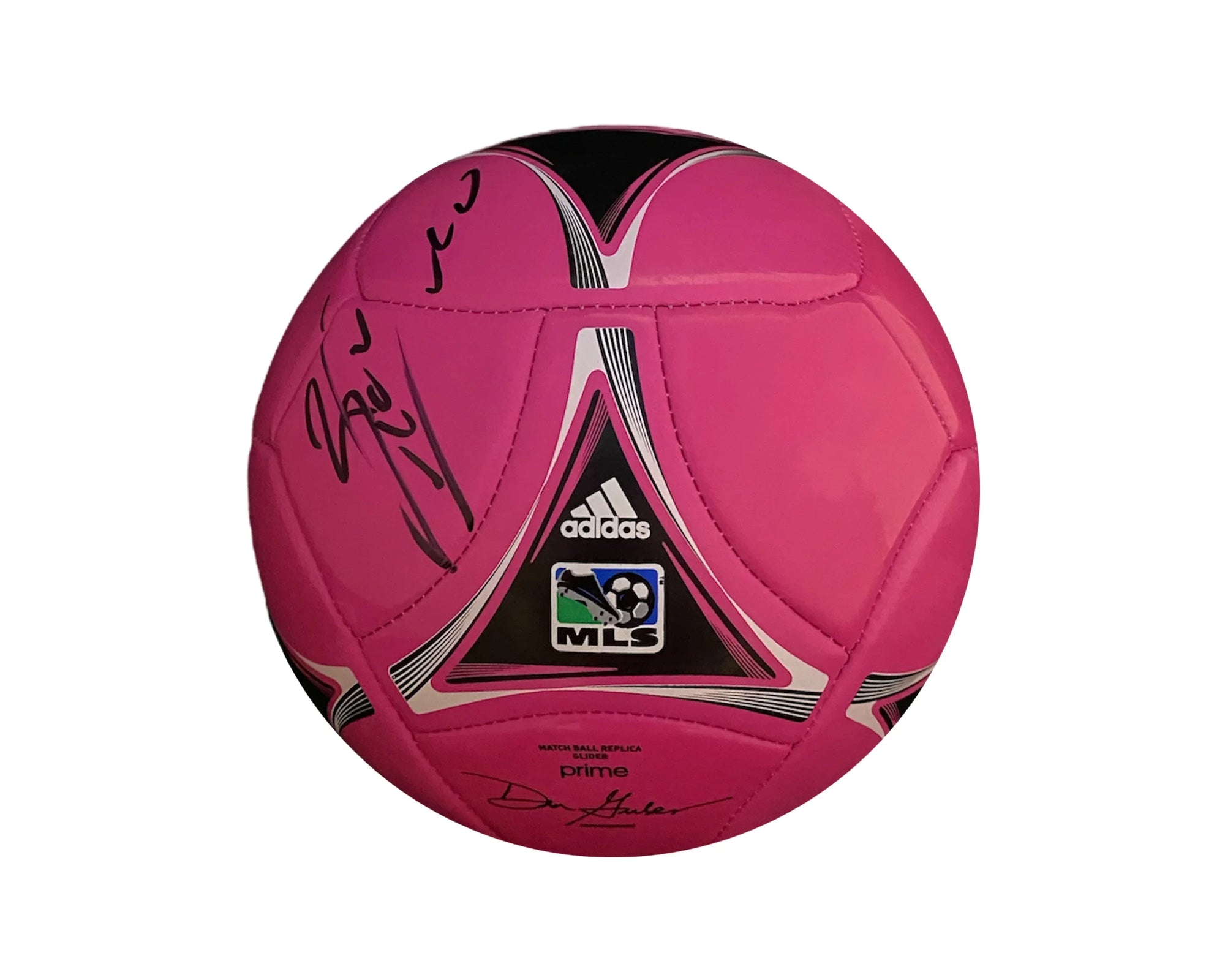 Pink Adidas MLS soccer ball with black accents and multiple signatures on the panels