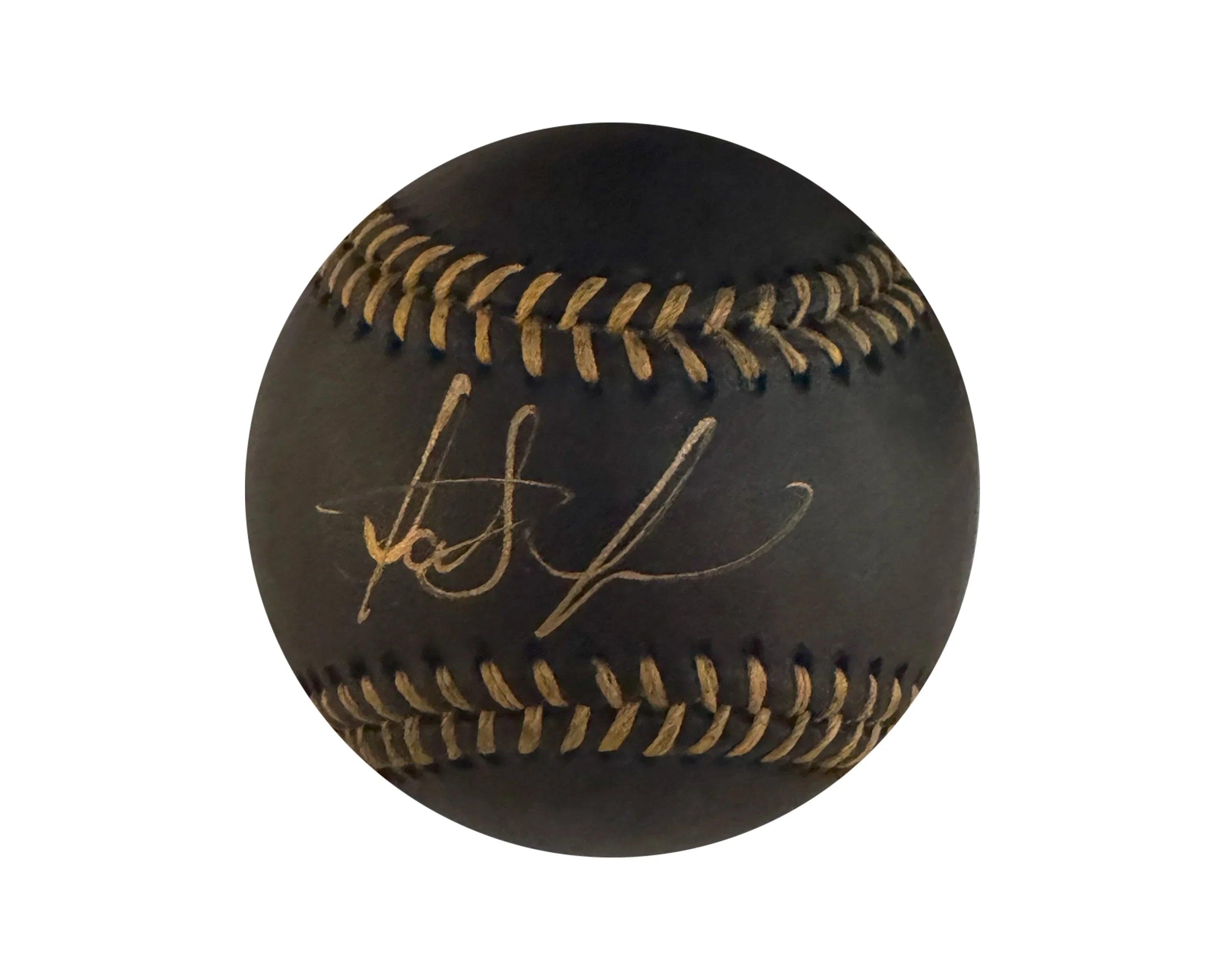 Black baseball with gold stitching and gold signature, autographed collectible
