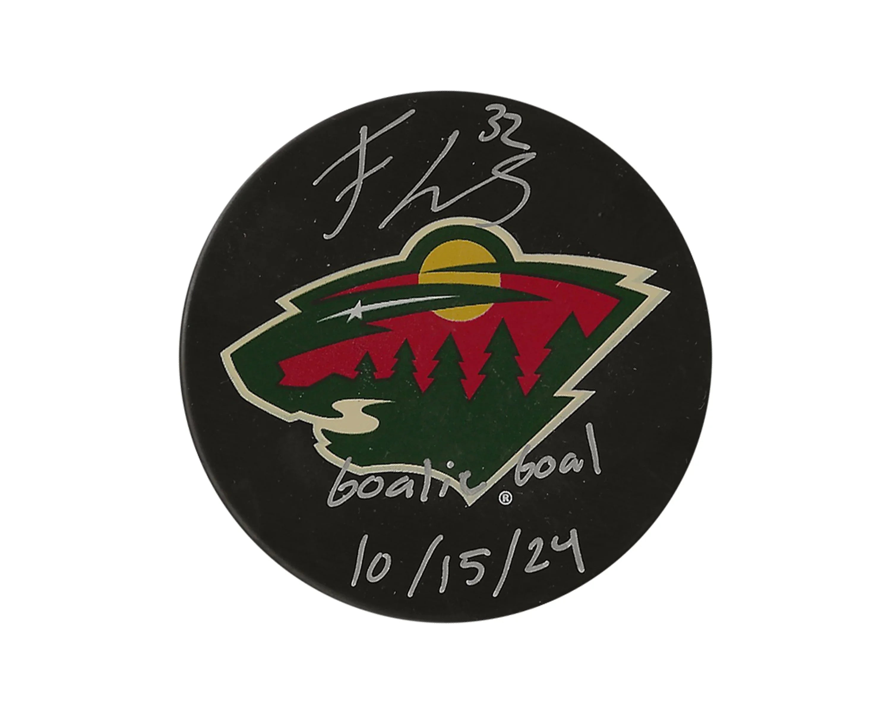 Filip Gustavsson Autographed Minnesota Wild Souvenir Puck Inscribed 'Goalie Goal'