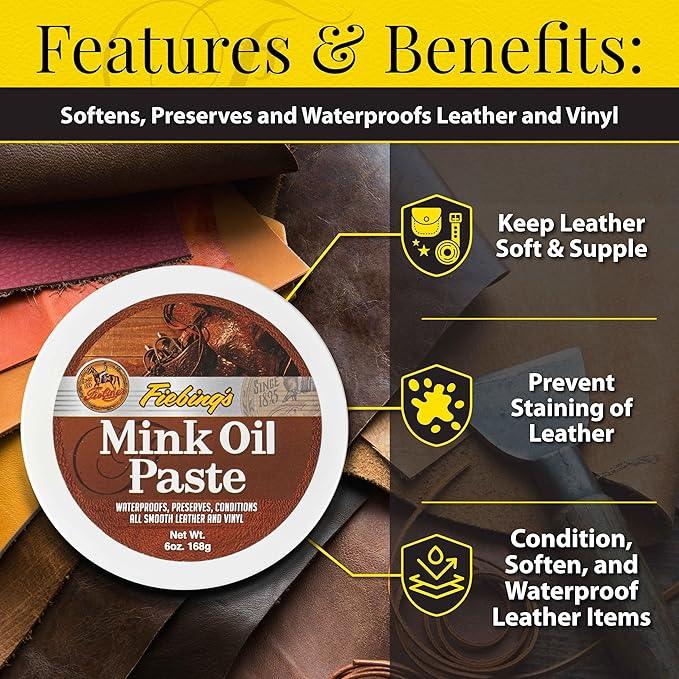 Fiebing's Mink Oil Paste container on leather, highlights softening and waterproofing benefits for leather and vinyl.
