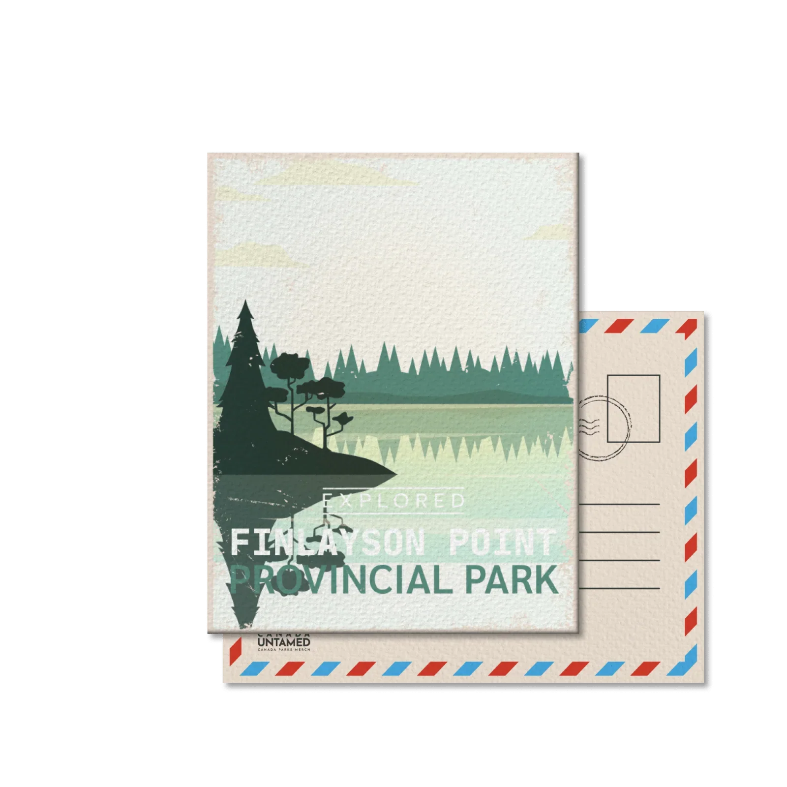 Finlayson Point Provincial Park postcard with illustrated lake, trees, and vintage design