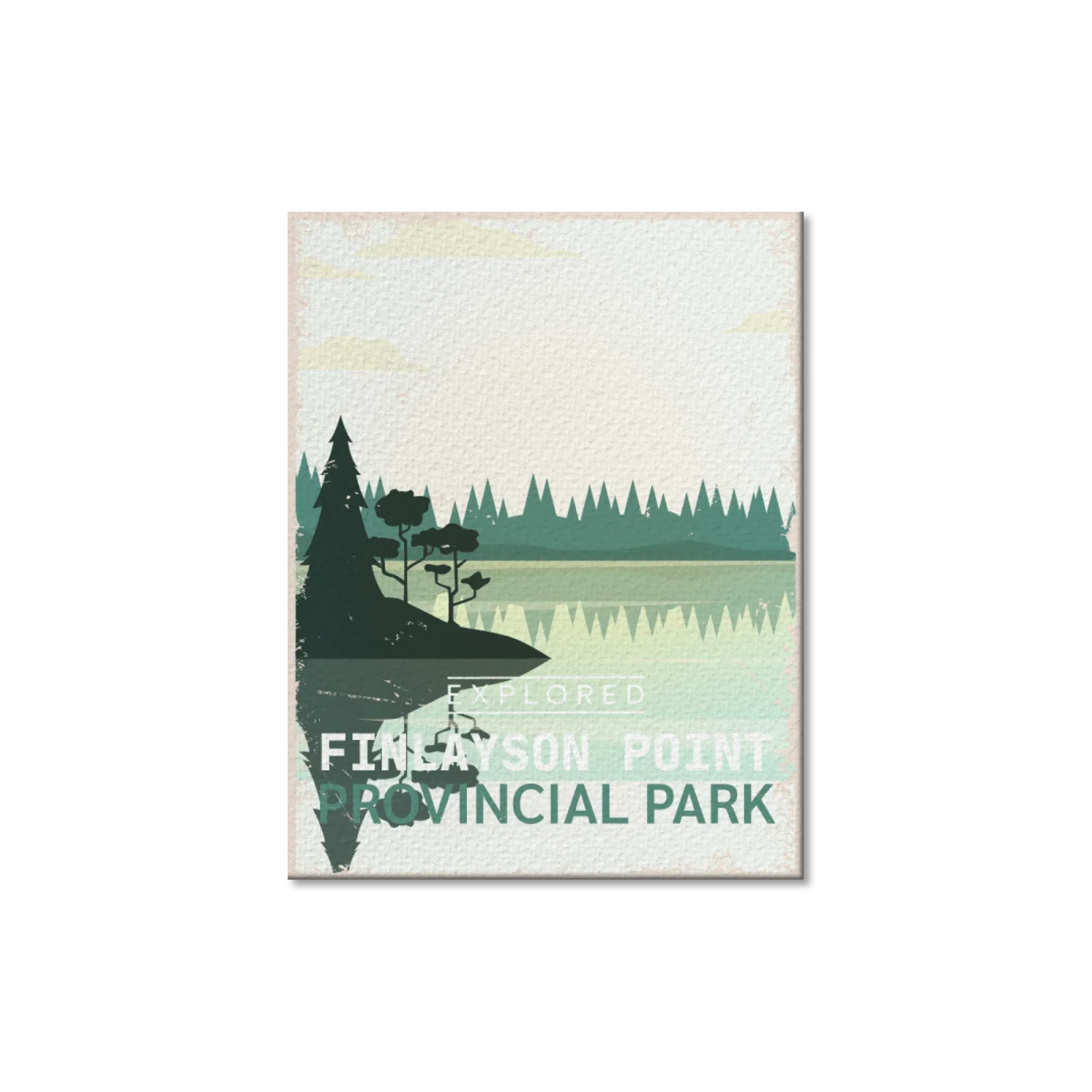 Finlayson Point Provincial Park postcard with pine trees and lake illustration