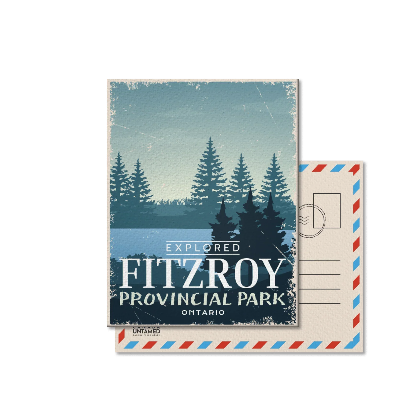 Fitzroy Provincial Park Ontario postcard with pine trees, blue lake, and vintage design