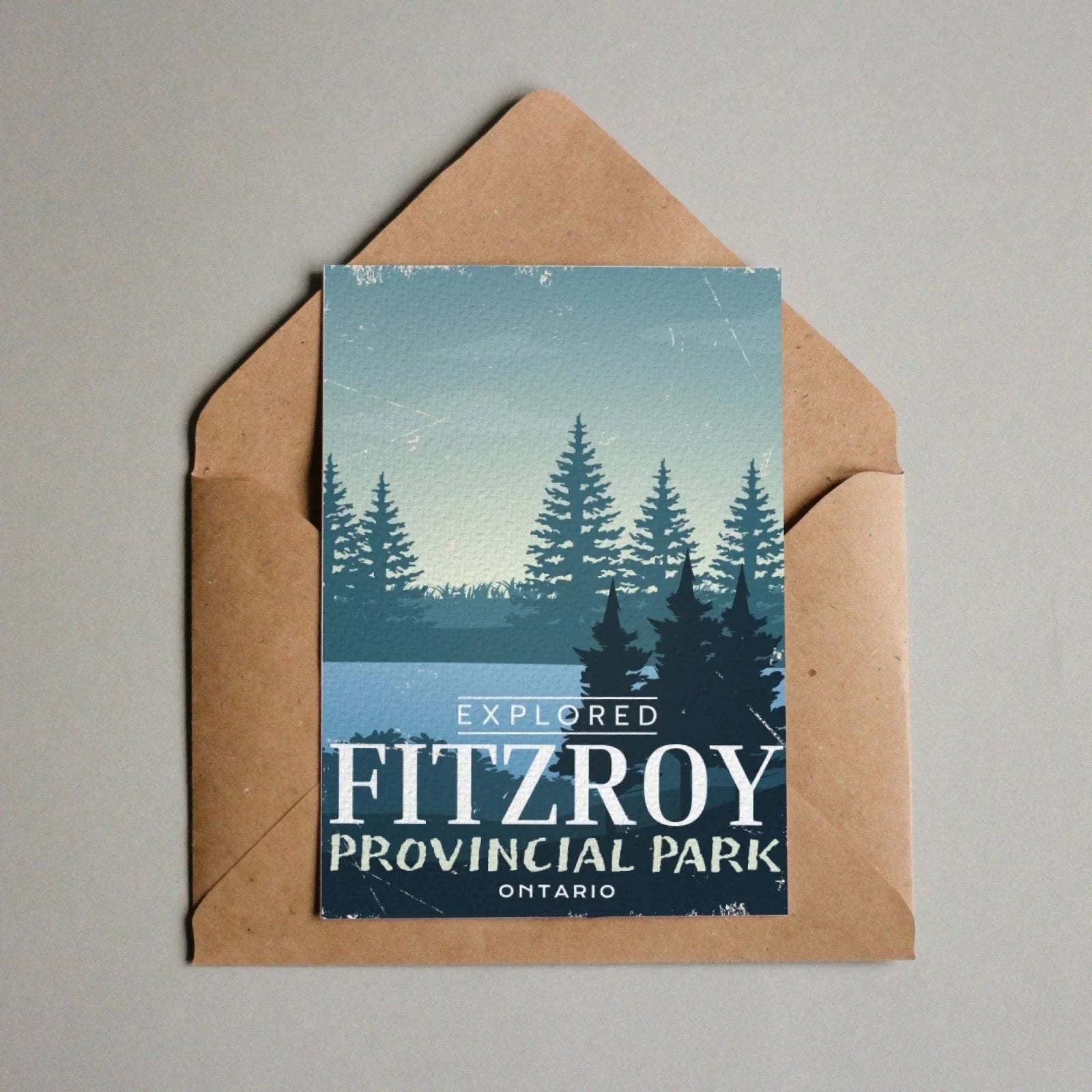 Fitzroy Provincial Park Ontario postcard with pine trees and lake in kraft envelope