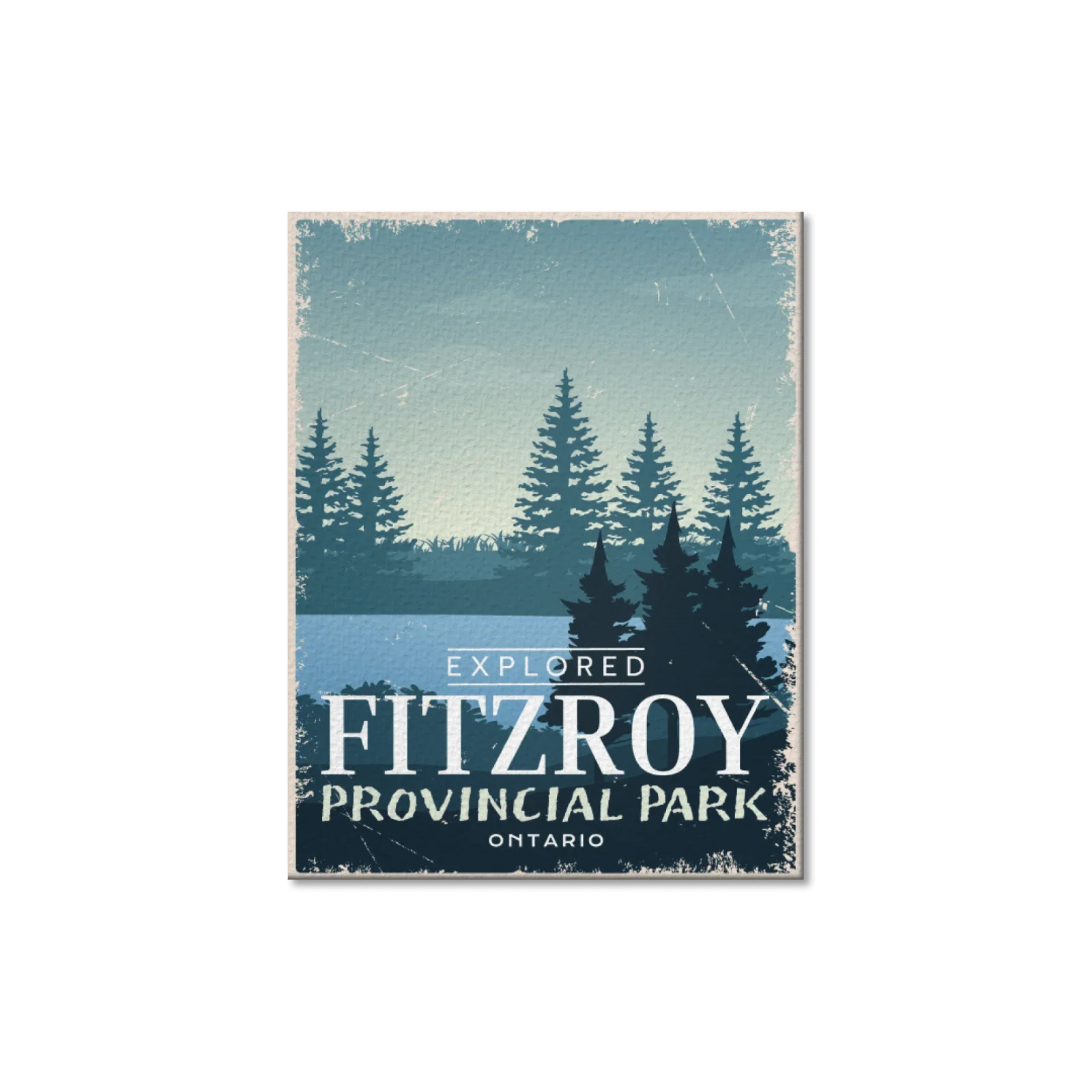 Fitzroy Provincial Park Ontario vintage postcard with pine trees and blue lake illustration