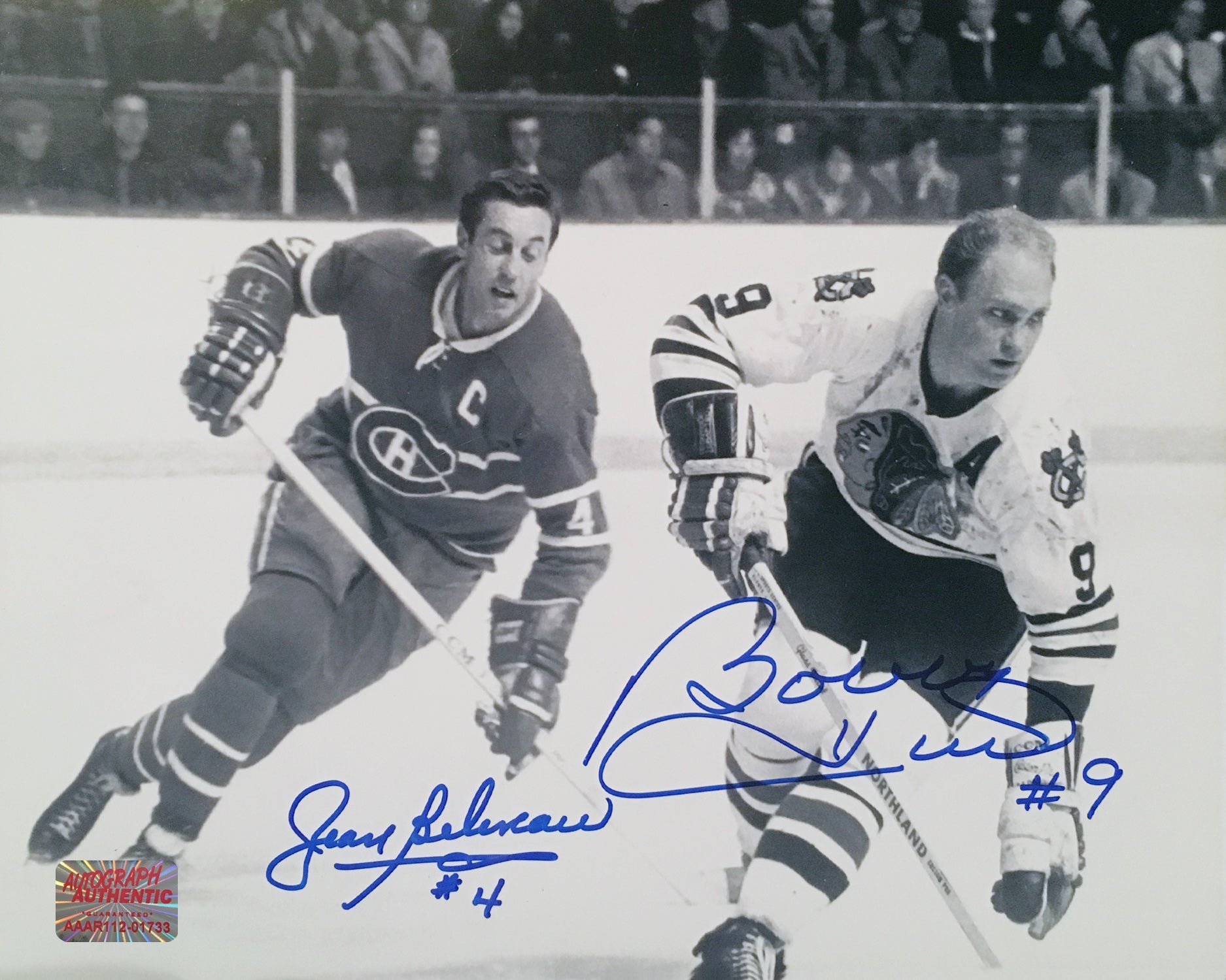 SIGNED BOBBY HULL, JEAN BELIVEAU PHOTO - CHG BLACKHAWKS, MTL CANADIENS 10'X8'