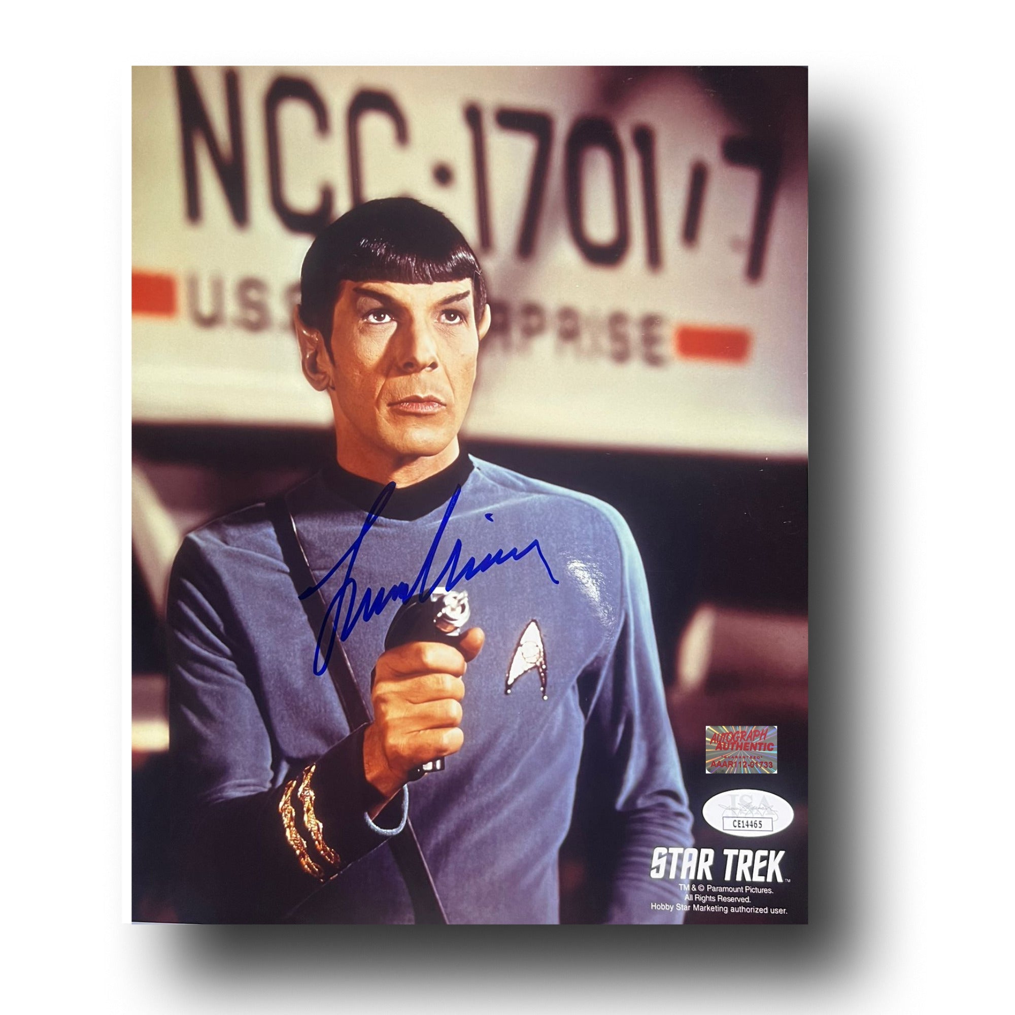 LEONARD NIMOY AUTOGRAPHED STAR TREK PHOTO - SPOCK WITH PHASER 8X10