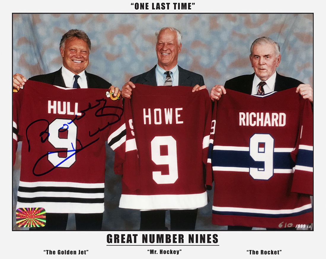 THREE GREAT NINES 8X10: MAURICE RICHARD, GORDIE HOWE, SIGNED BOBBY HULL
