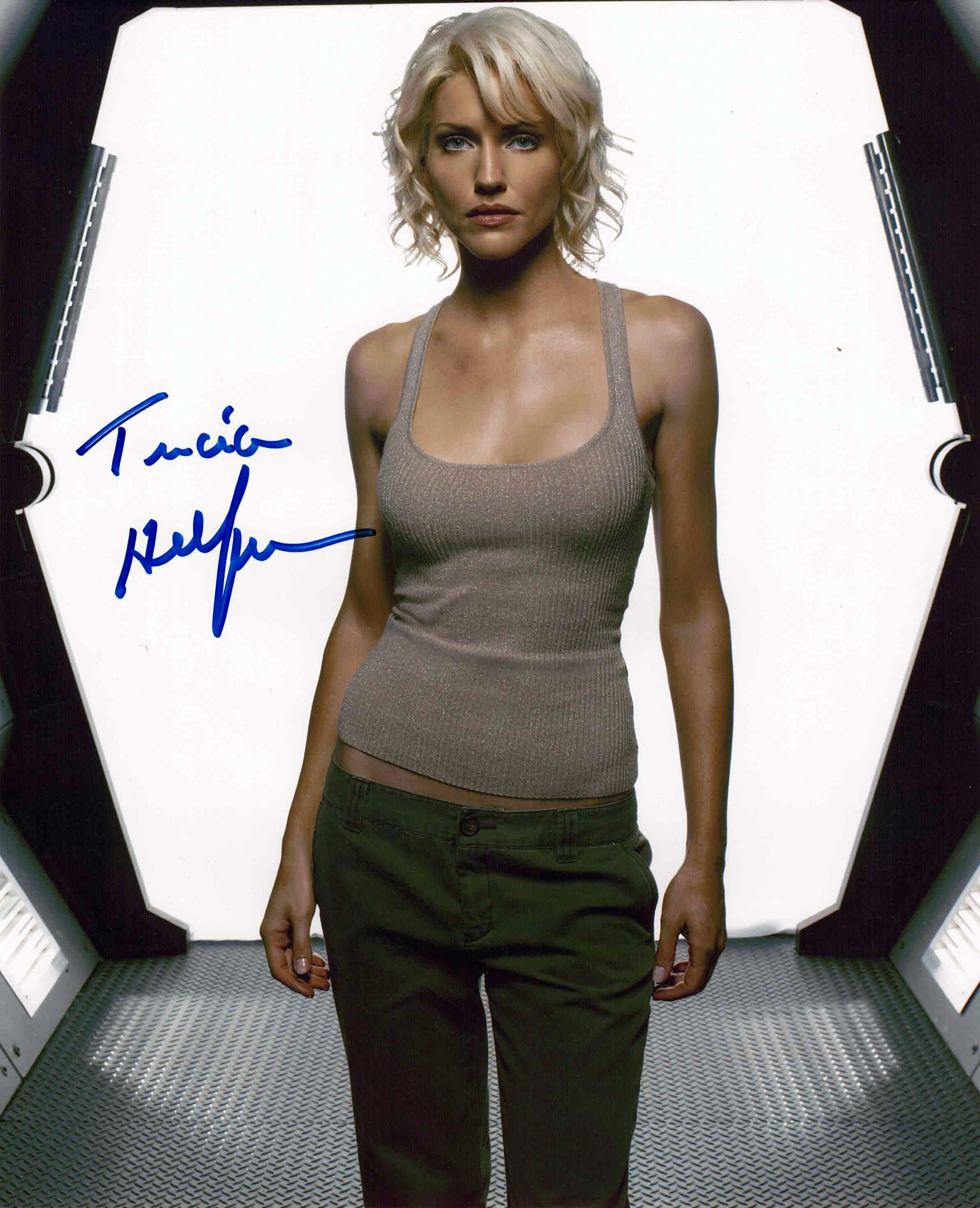 TRICIA HELFER SIGNED BATTLESTAR GALACTICA TANKTOP 8X10
